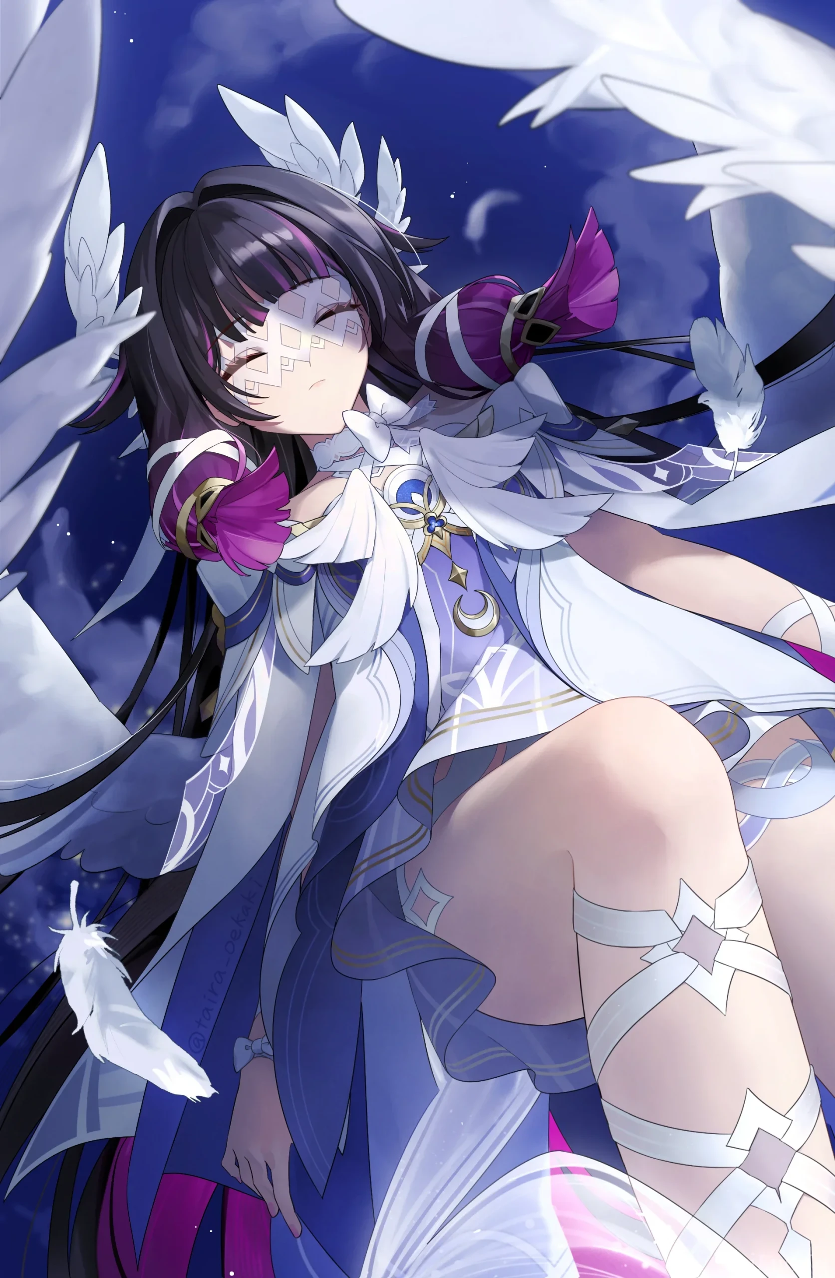 星月夜白羽环绕的闭眸遐蝶同人插画