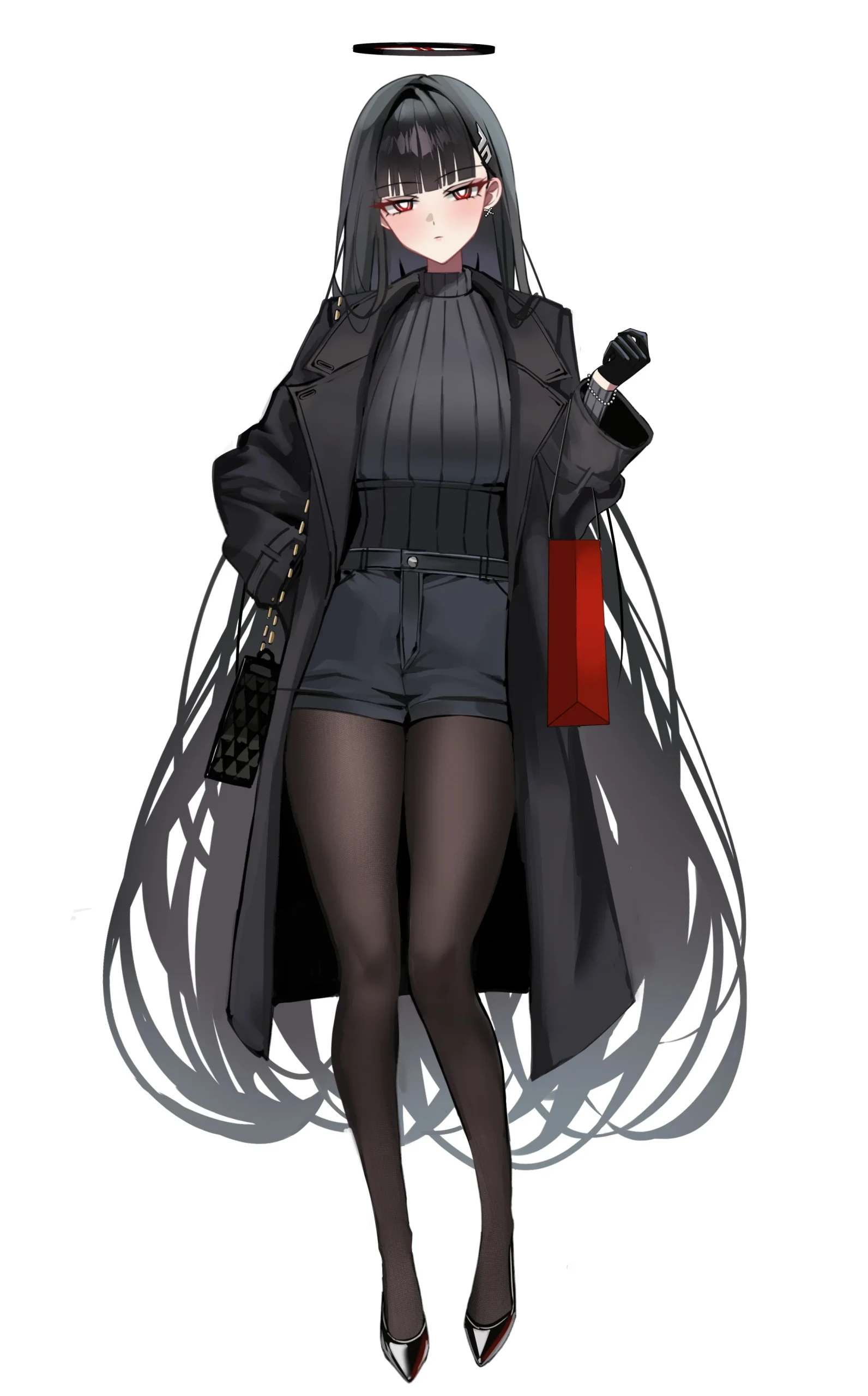 黑发红瞳冷艳二次元少女购物立绘