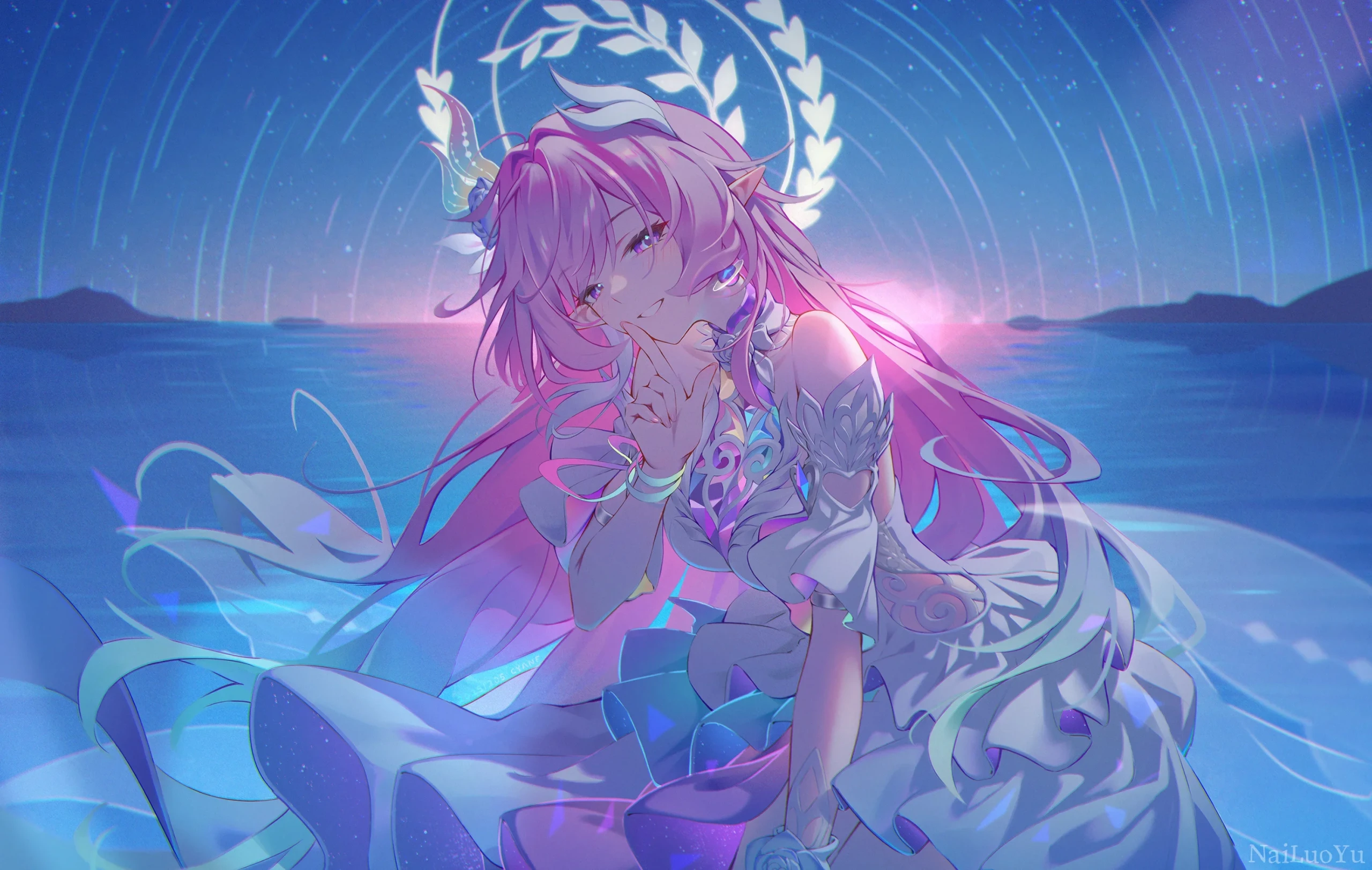 星夜海边爱莉希雅唯美二次元同人插画