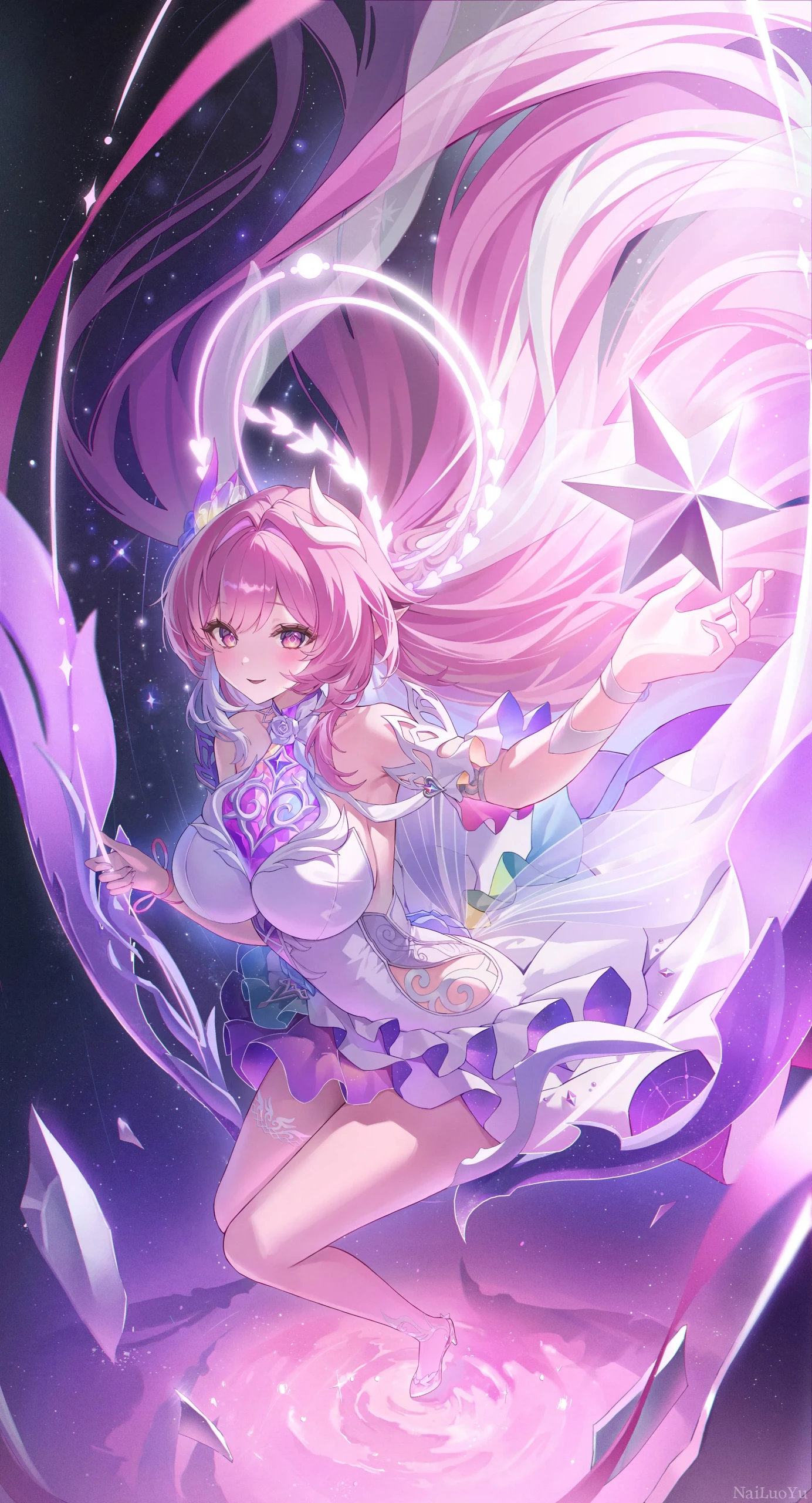 星空下灵动圣洁的粉色少女爱莉希雅插画