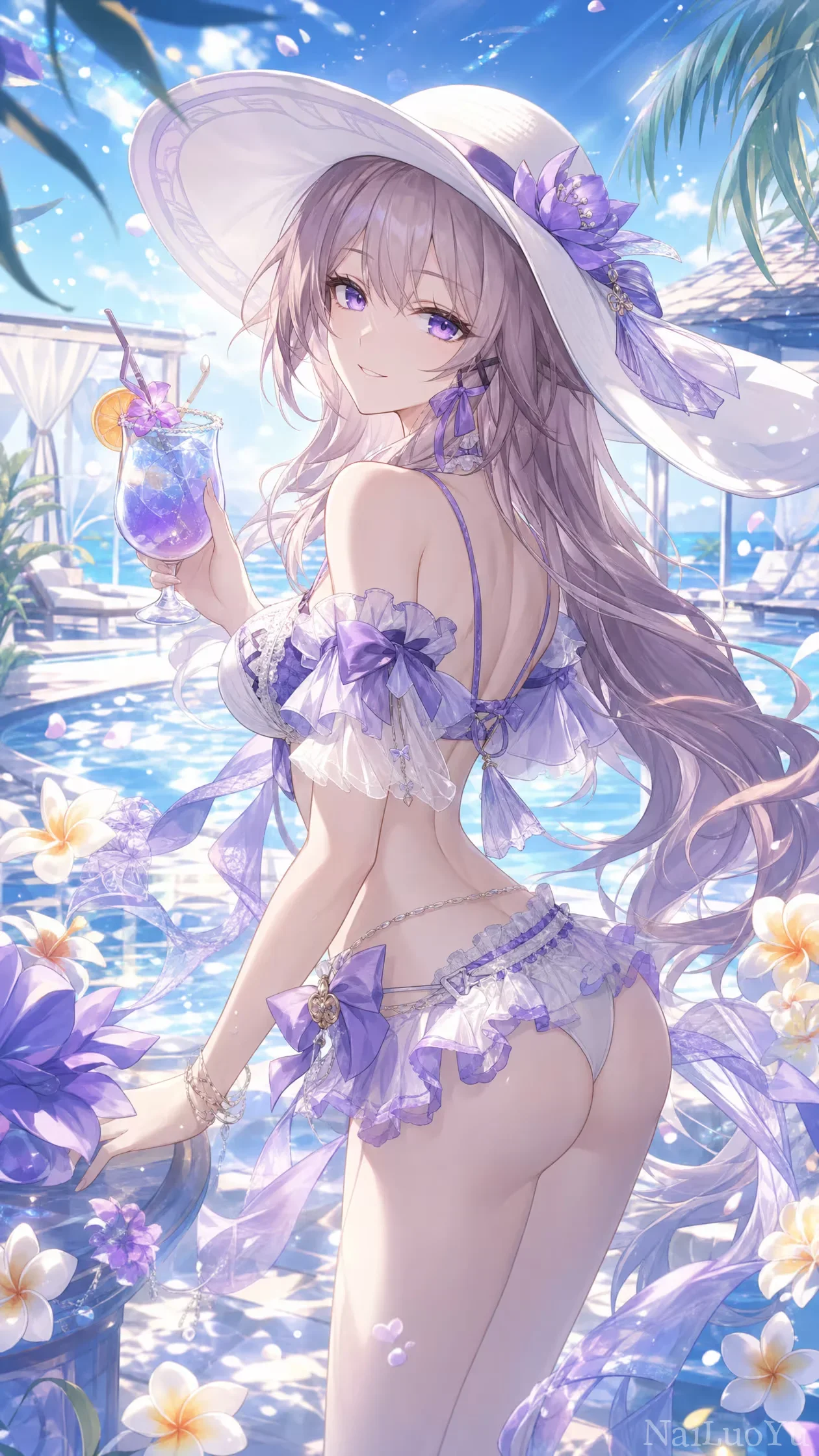 夏日泳池边持冰饮的紫发泳装少女唯美插画