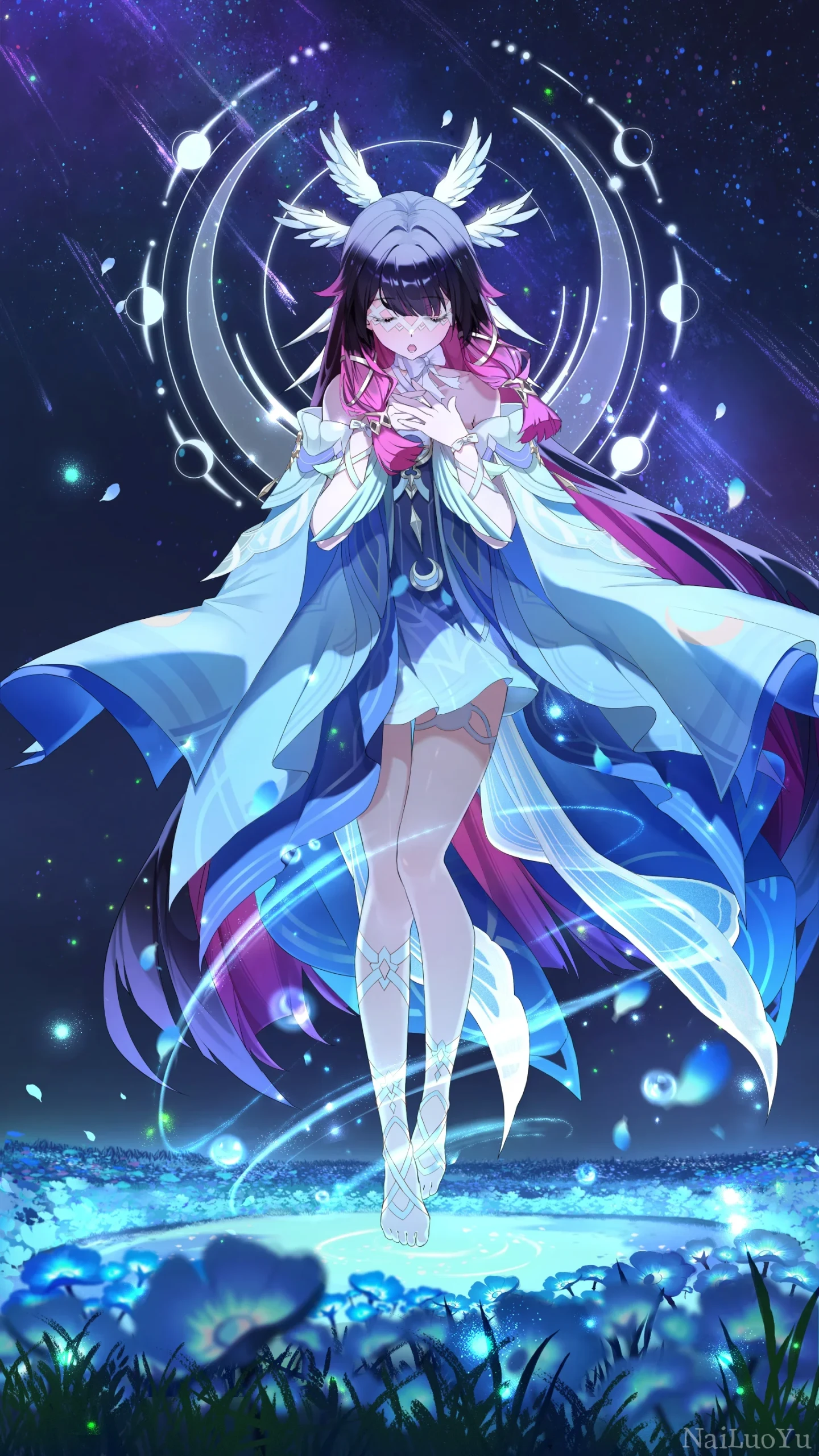 星空花海中闭目祈愿的幻翼少女遐蝶