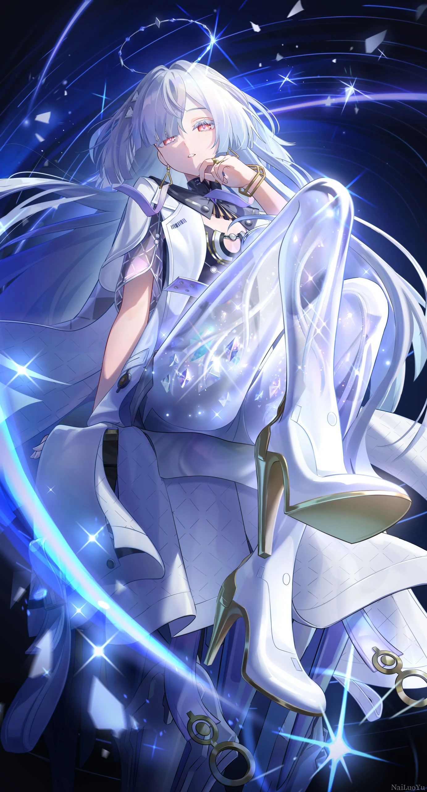 银发红瞳科技光环少女酷炫二次元插画
