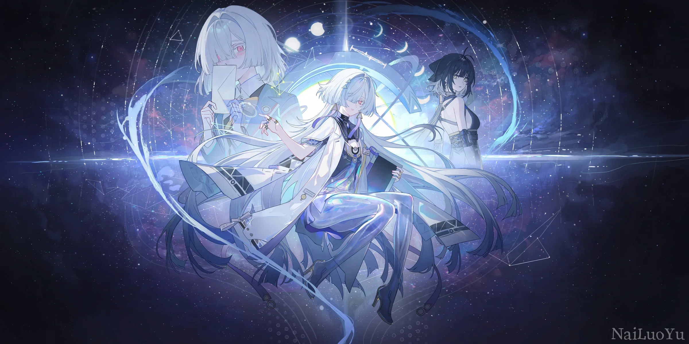 深空星环萦绕的二次元少女群像插画