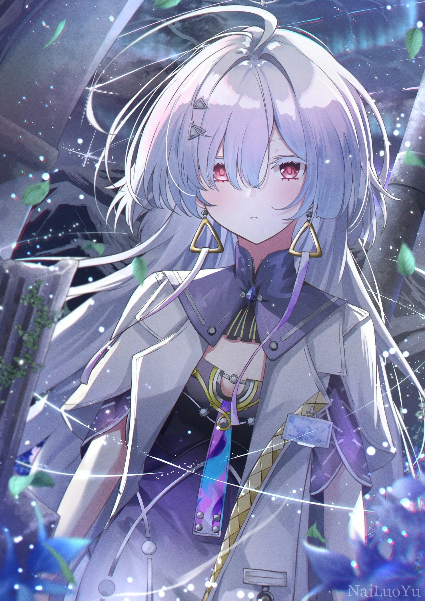 银发赤瞳少女伫立废墟 梦幻风二次元插画