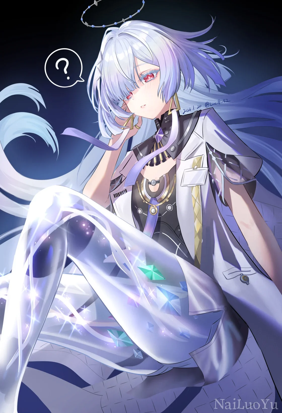 疑惑神态银发赤眼光环少女同人插画