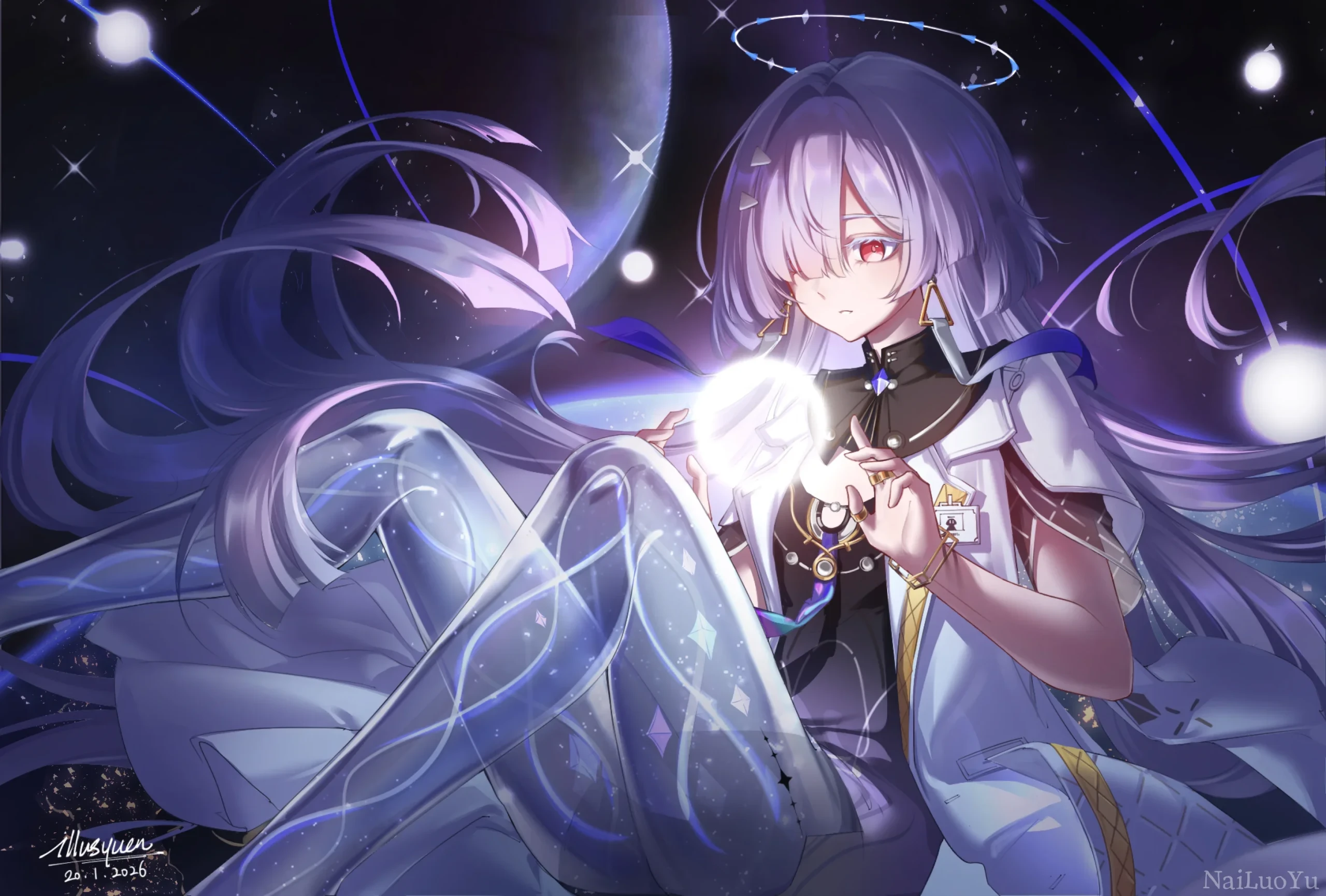 宇宙星空中手捧星芒的清冷紫发少女