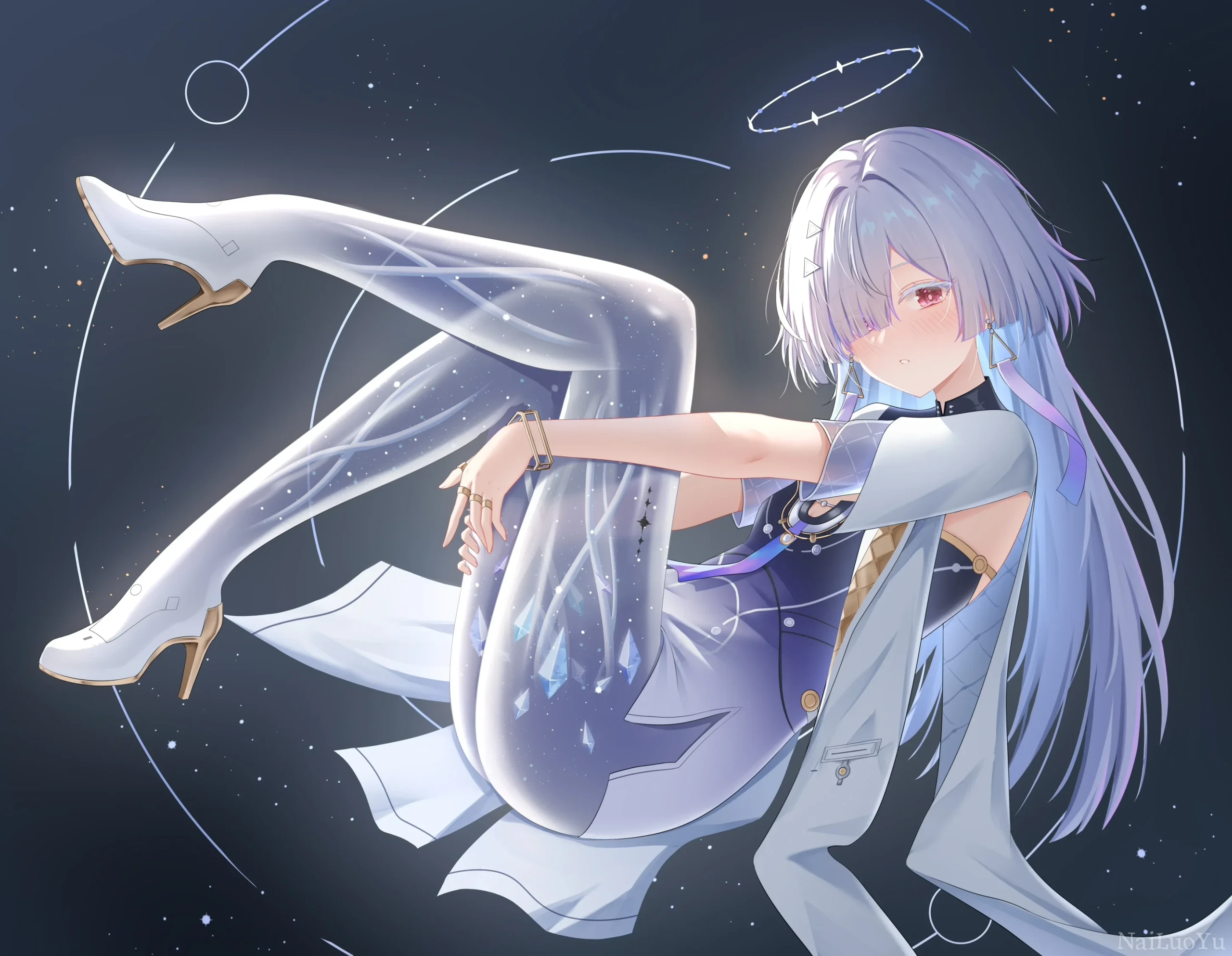 深空星环背景下的柔美银发二次元少女插画