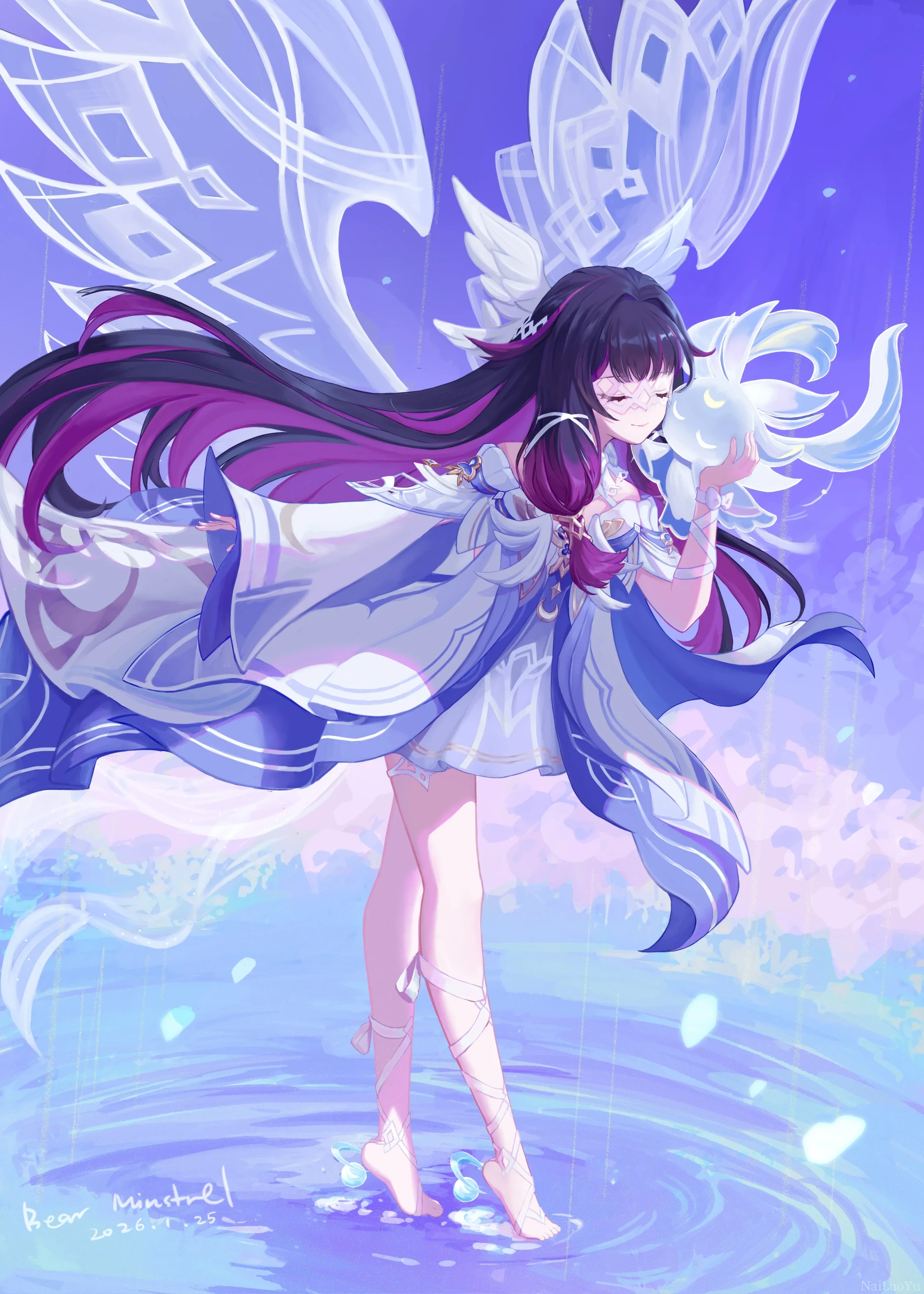 梦幻光翼紫发少女踏水轻拥灵宠插画