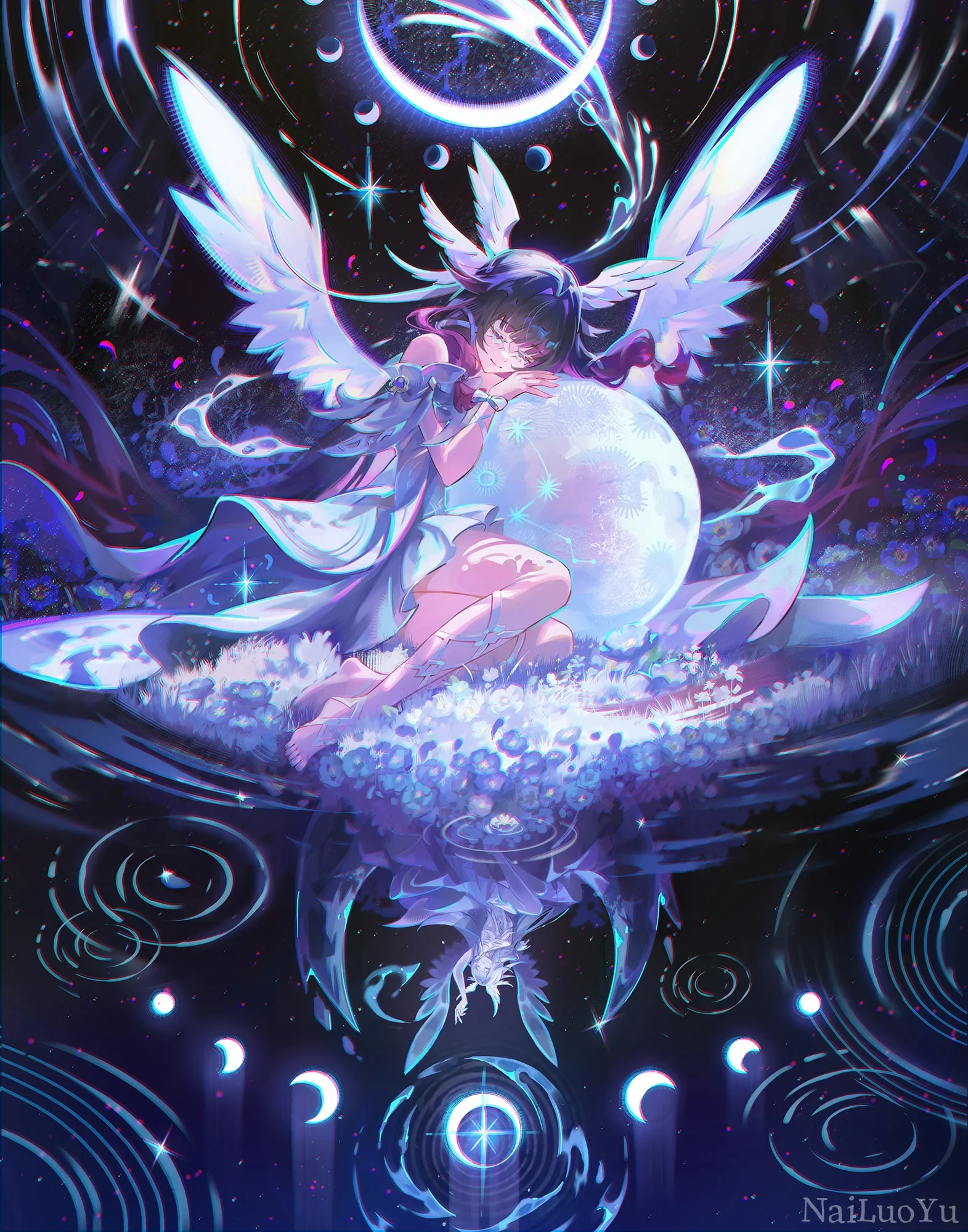 幻夜星穹下白翼少女拥月休憩静谧图景
