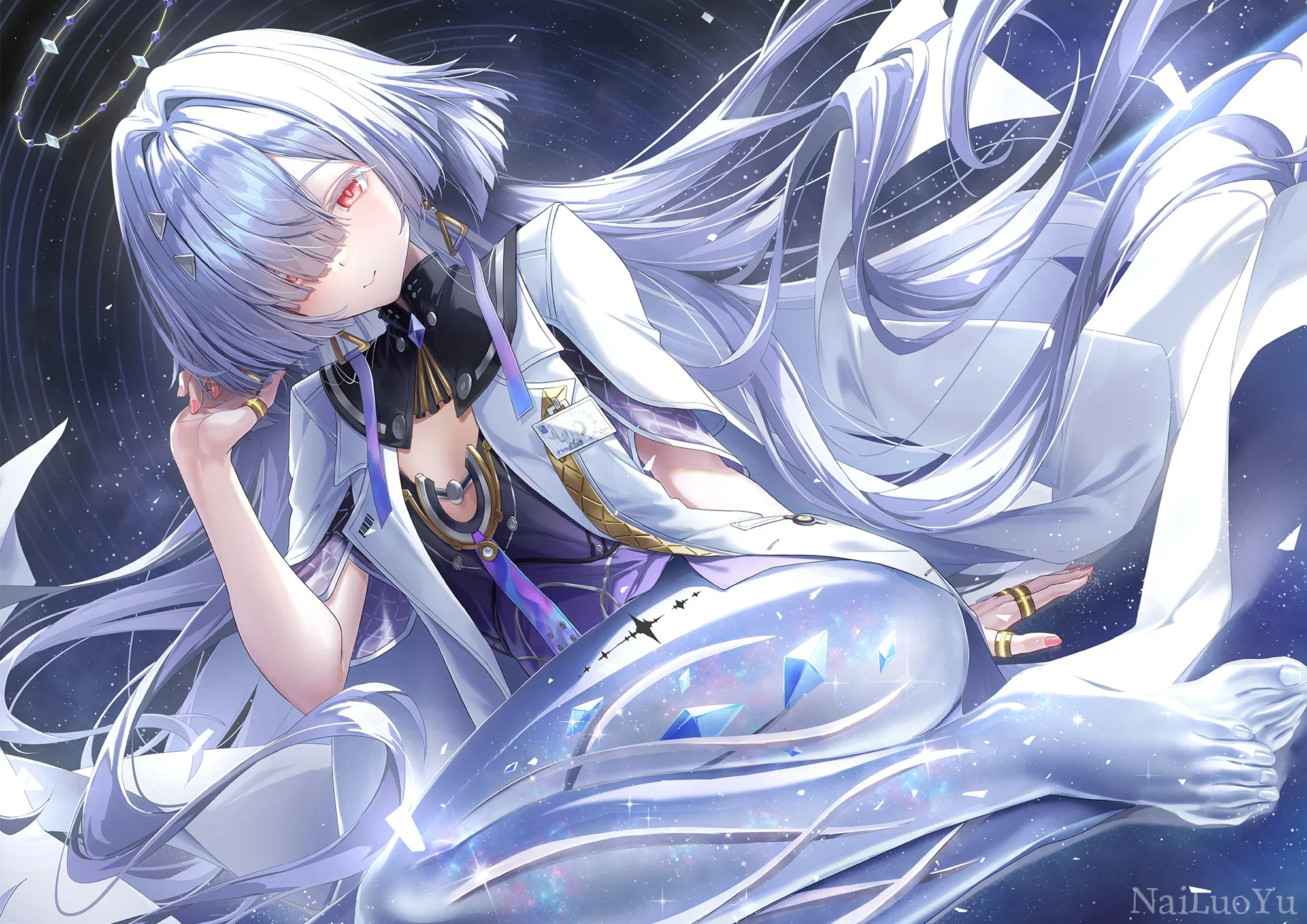 星空背景银发赤瞳科幻风二次元少女插画