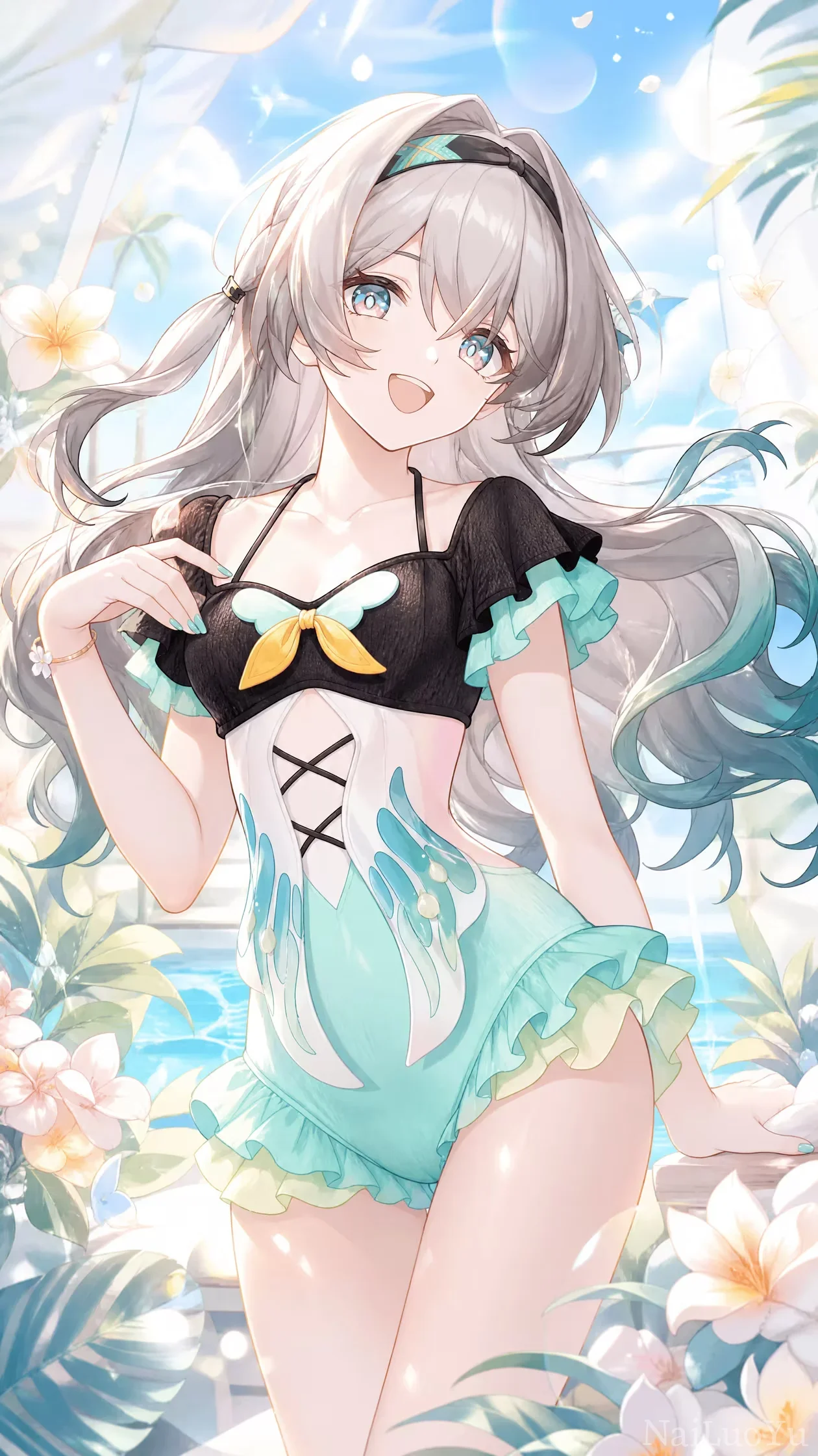 晴空夏日泳池边泳装流萤二次元插画