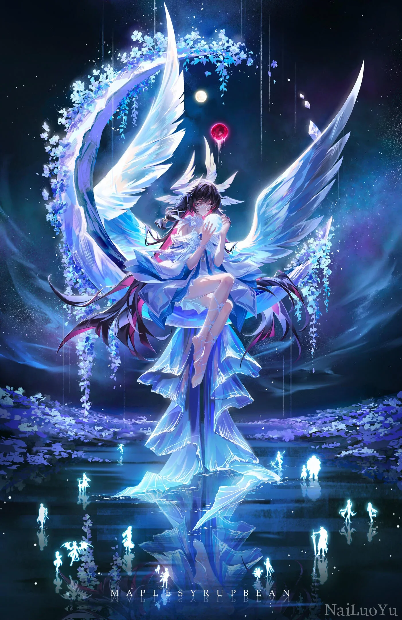 双月悬空花境中水畔的圣洁羽翼少女
