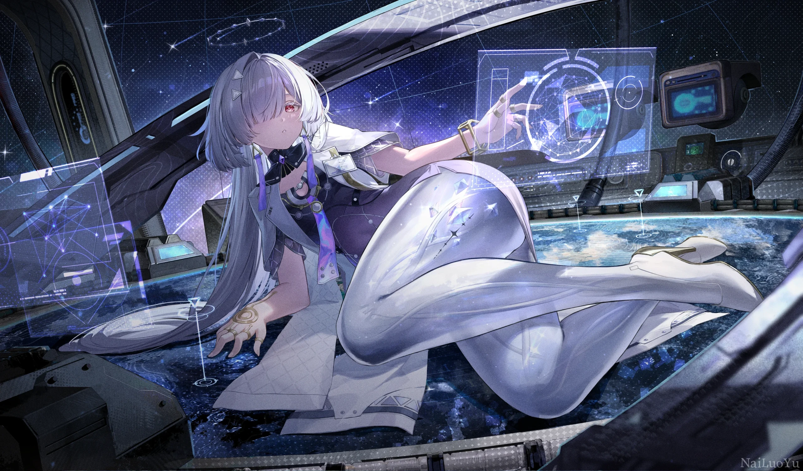 星舰座舱内操作全息界面的银发二次元少女