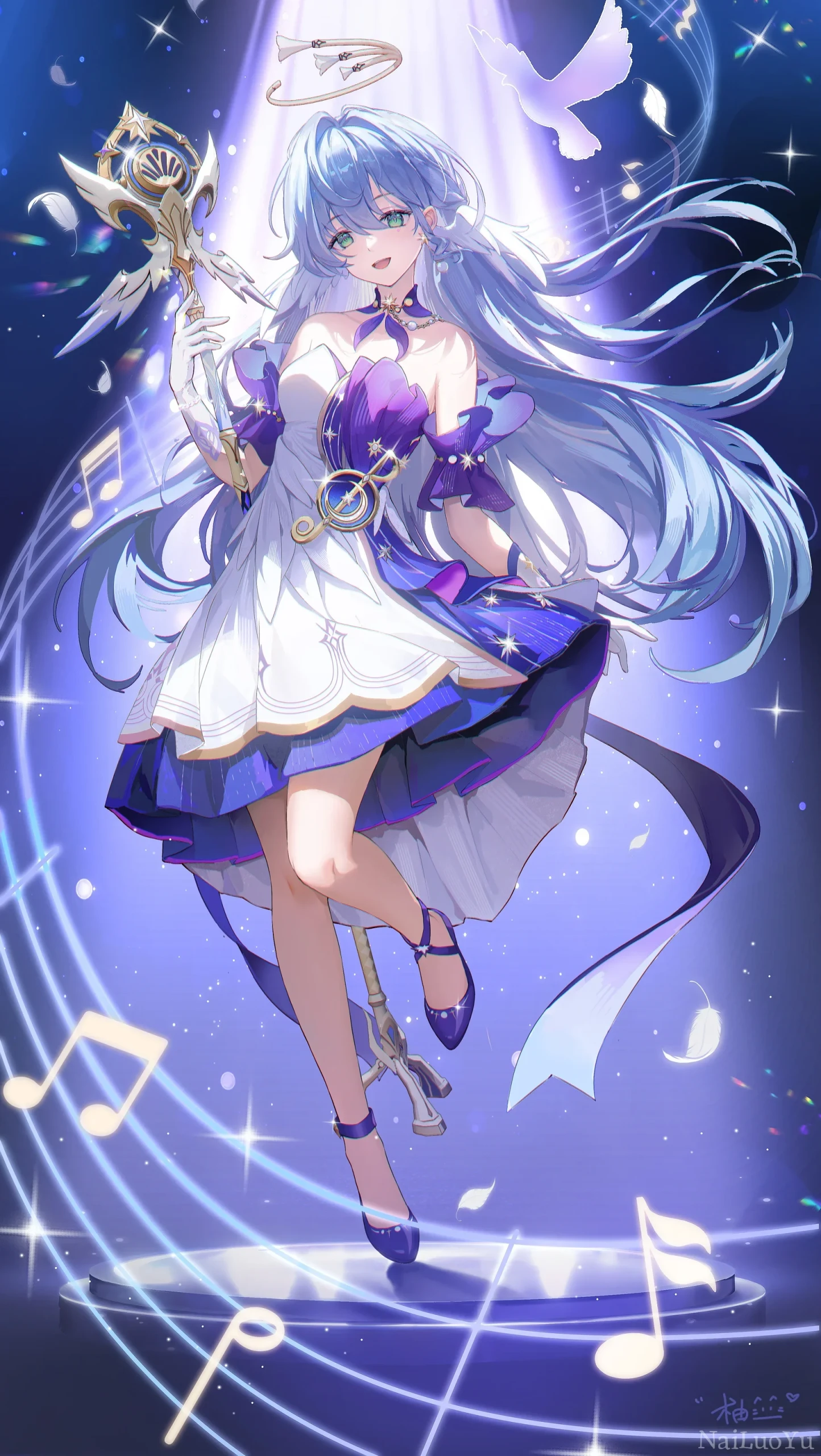 聚光灯下持杖演唱的知更鸟精美插画
