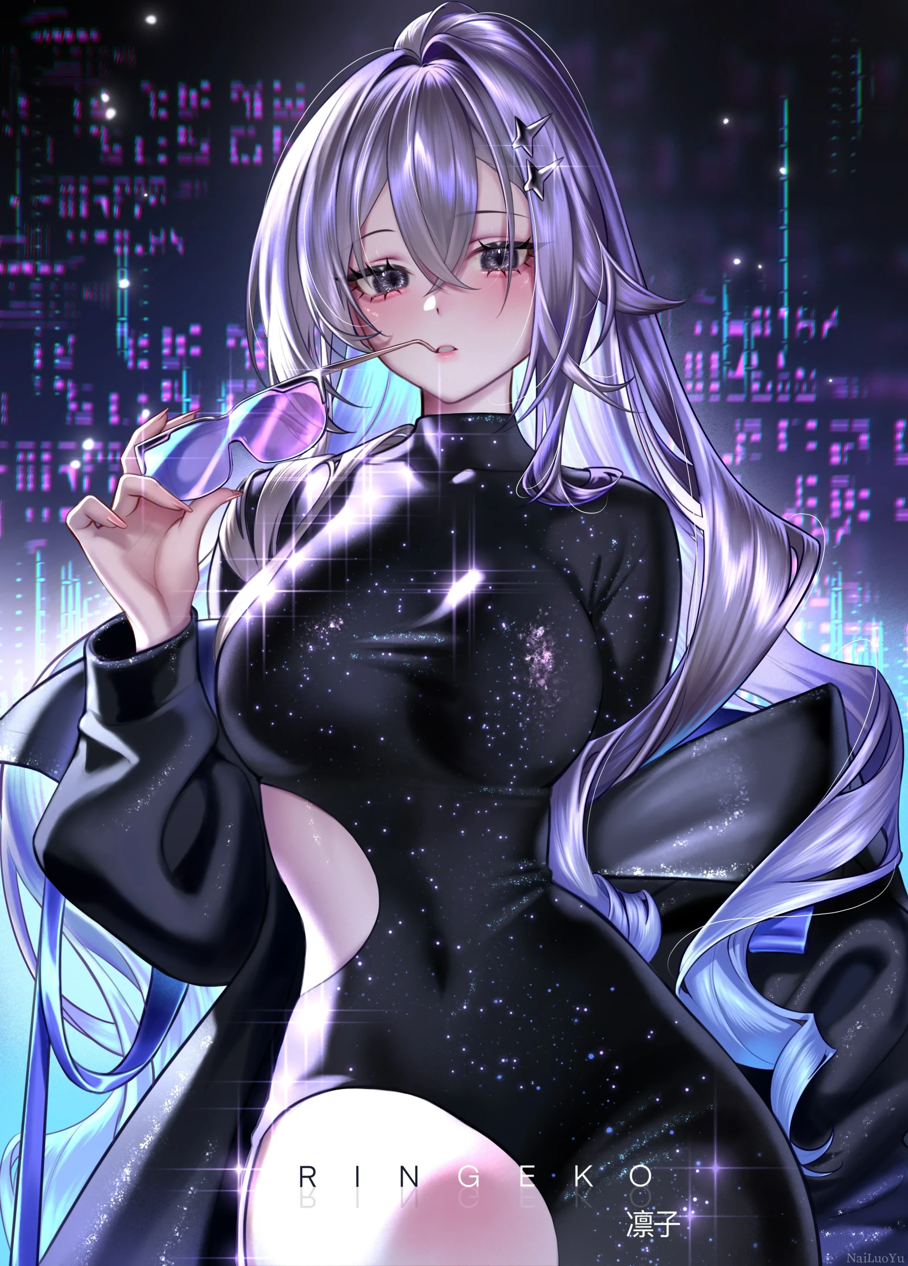 赛博都市背景炫酷紫发二次元少女插画