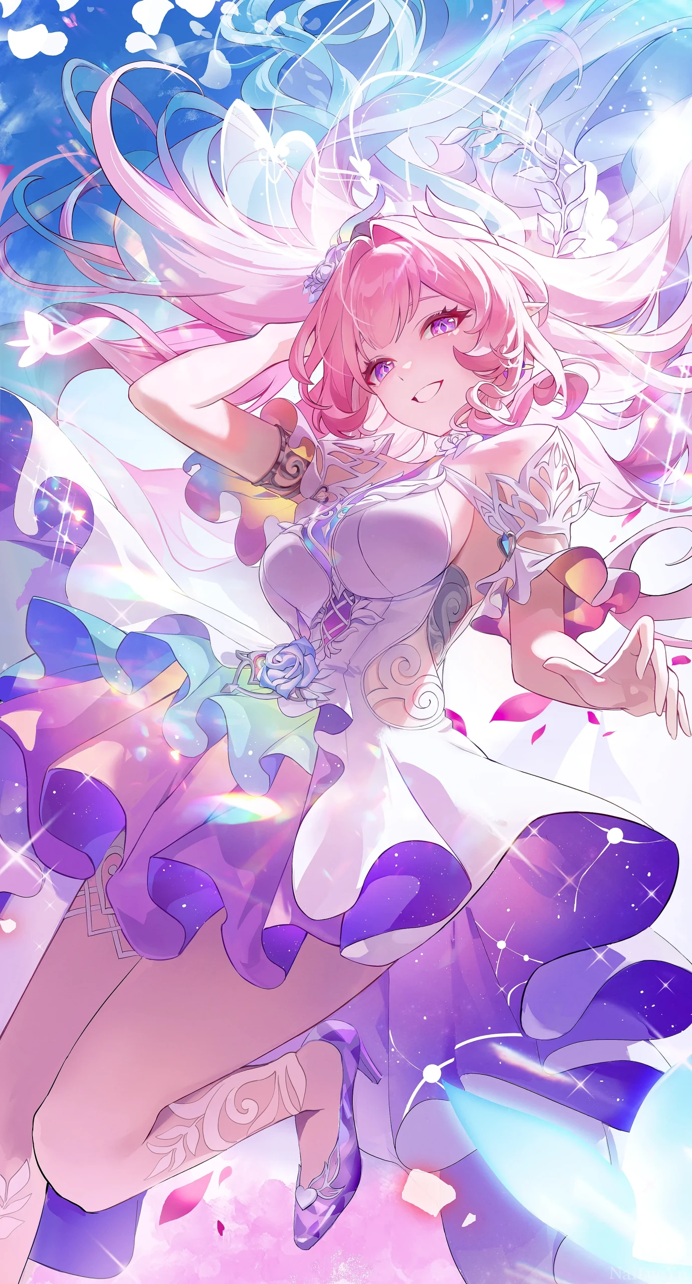 晴空下烂漫灵动的粉发精灵少女爱莉希雅插画
