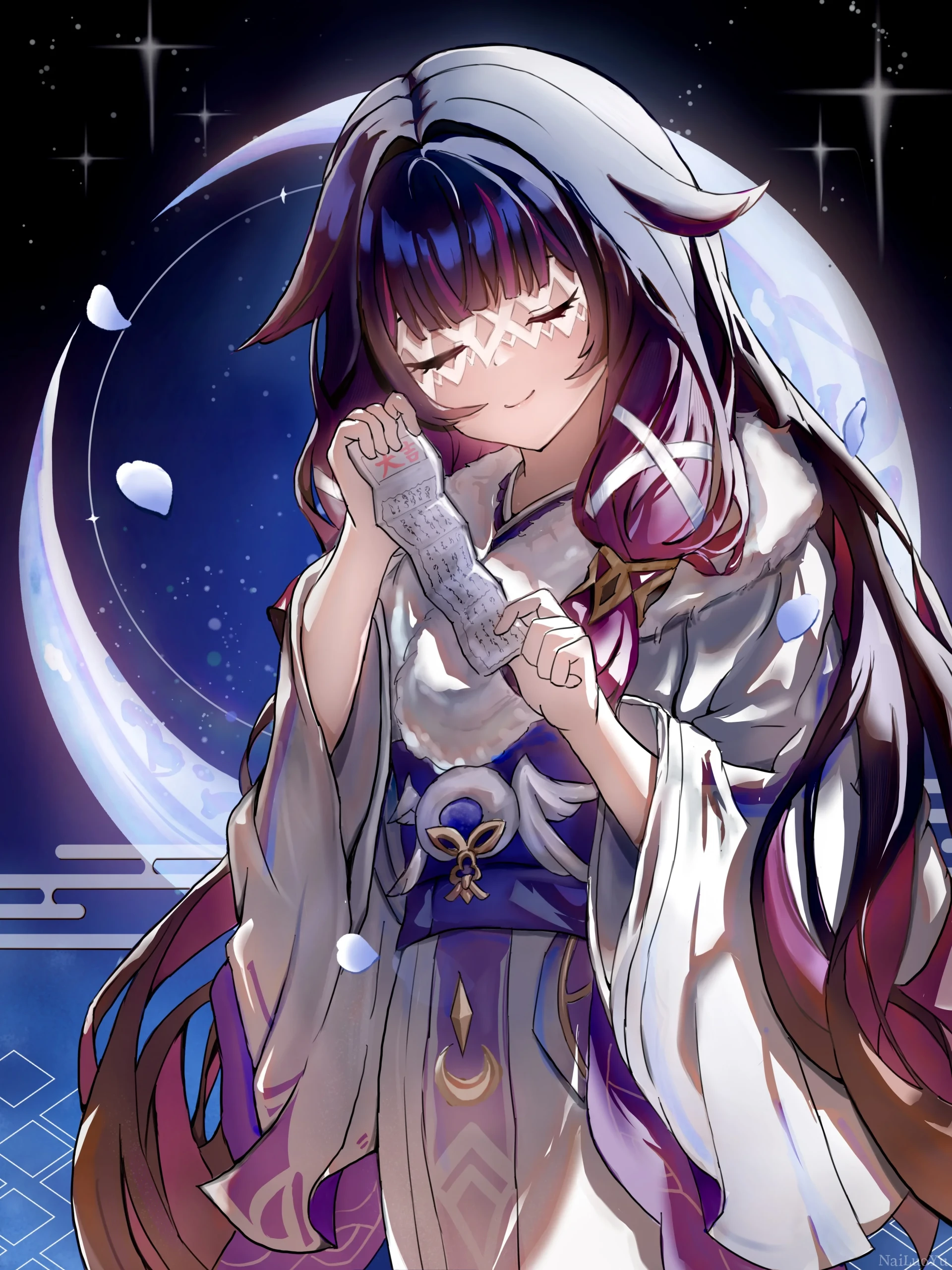 持大吉签紫发少女月夜温婉浅笑祈福