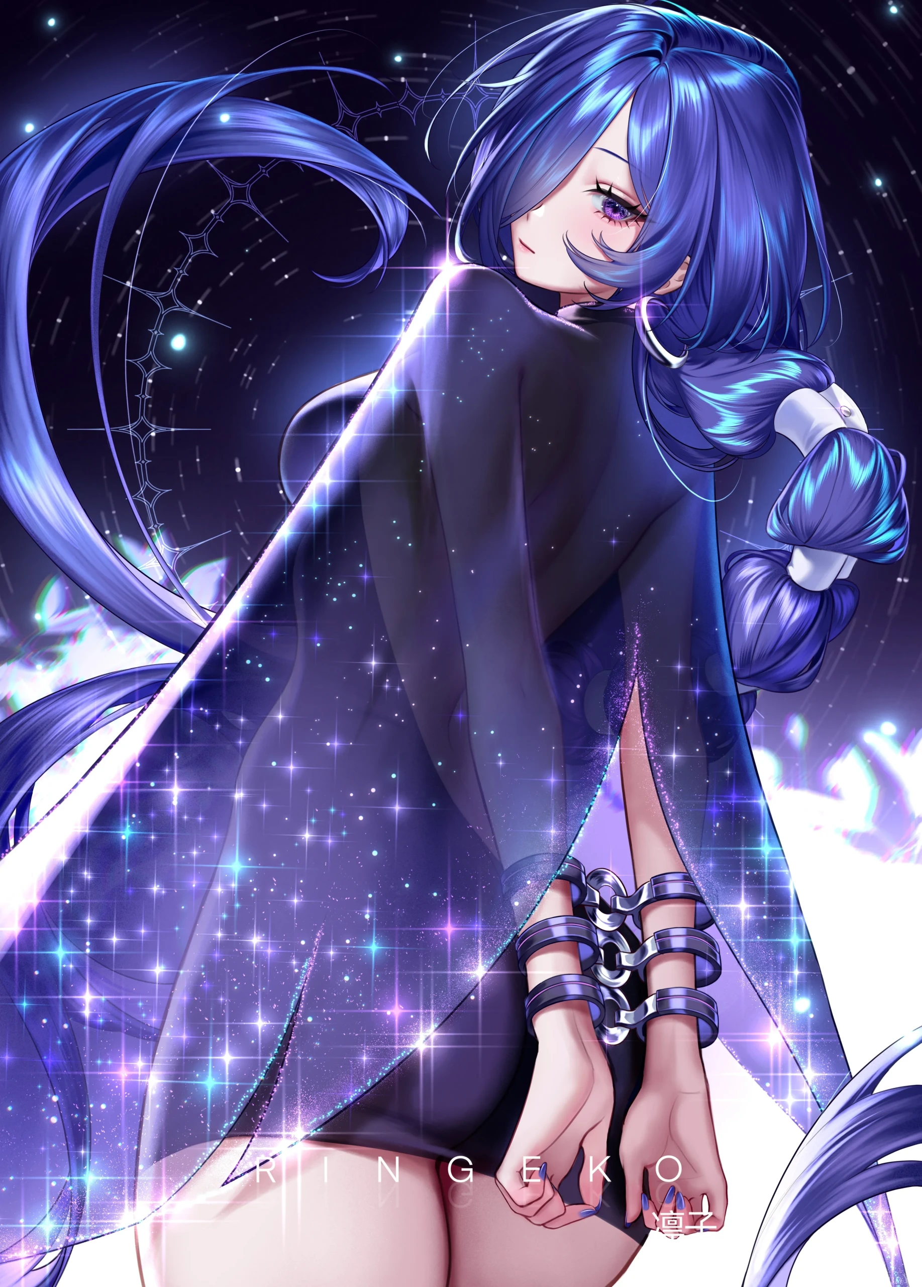 星夜回眸的蓝发少女遐蝶二次元精美插画