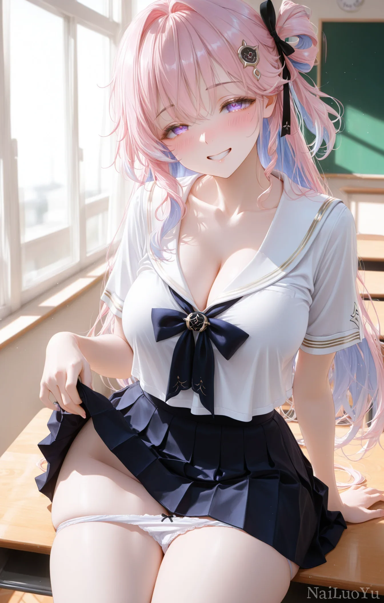 教室窗边甜笑粉发水手服少女二次元插画