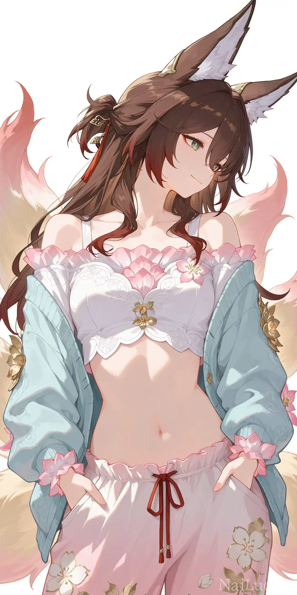 身着休闲家居服的国风狐耳少女二次元立绘