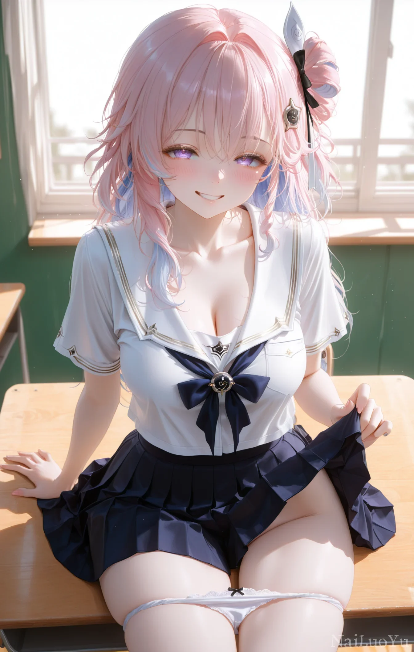 教室JK制服粉发少女甜欲同人插画