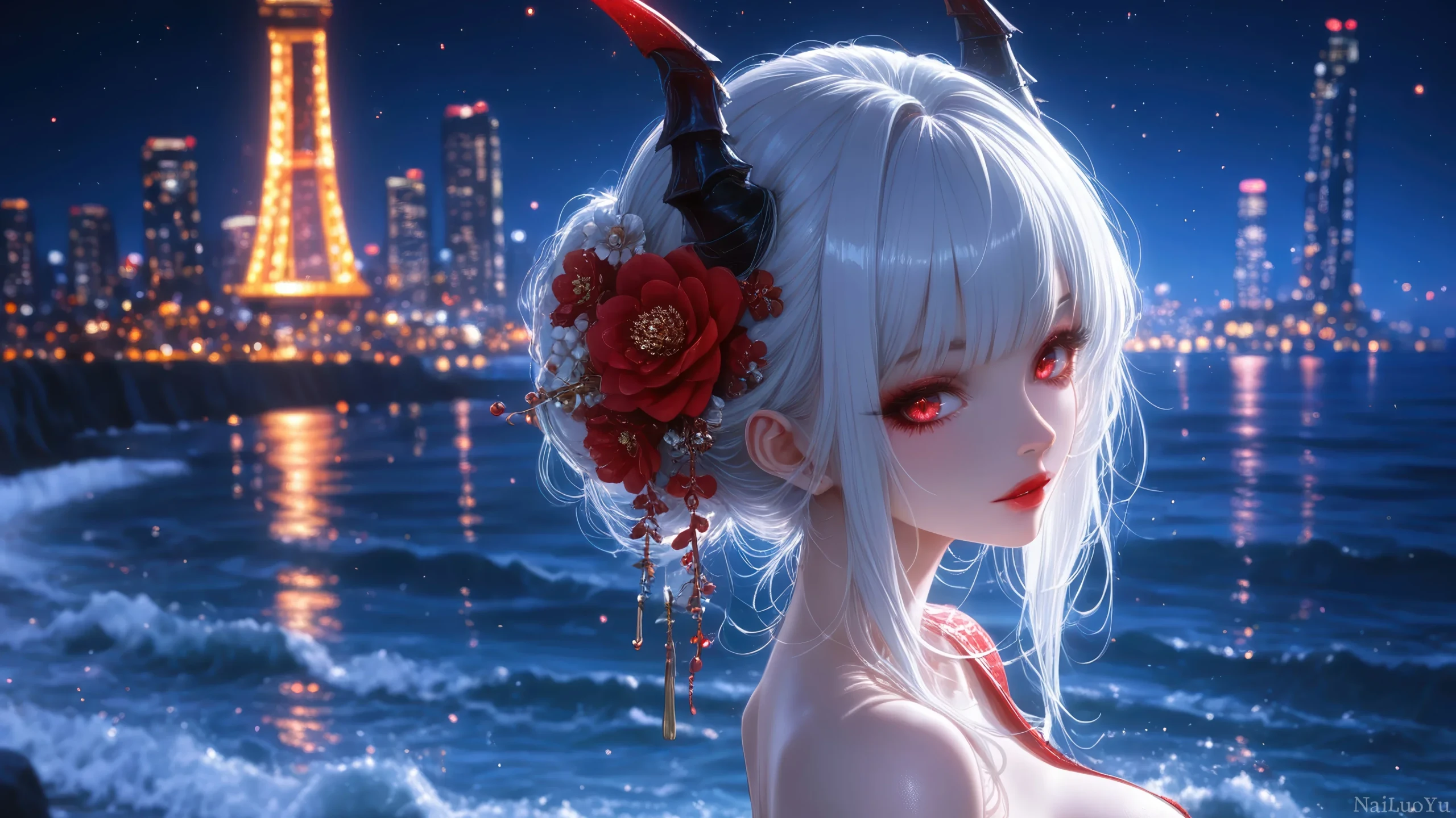 银发魅角少女临海赏都市璀璨夜景