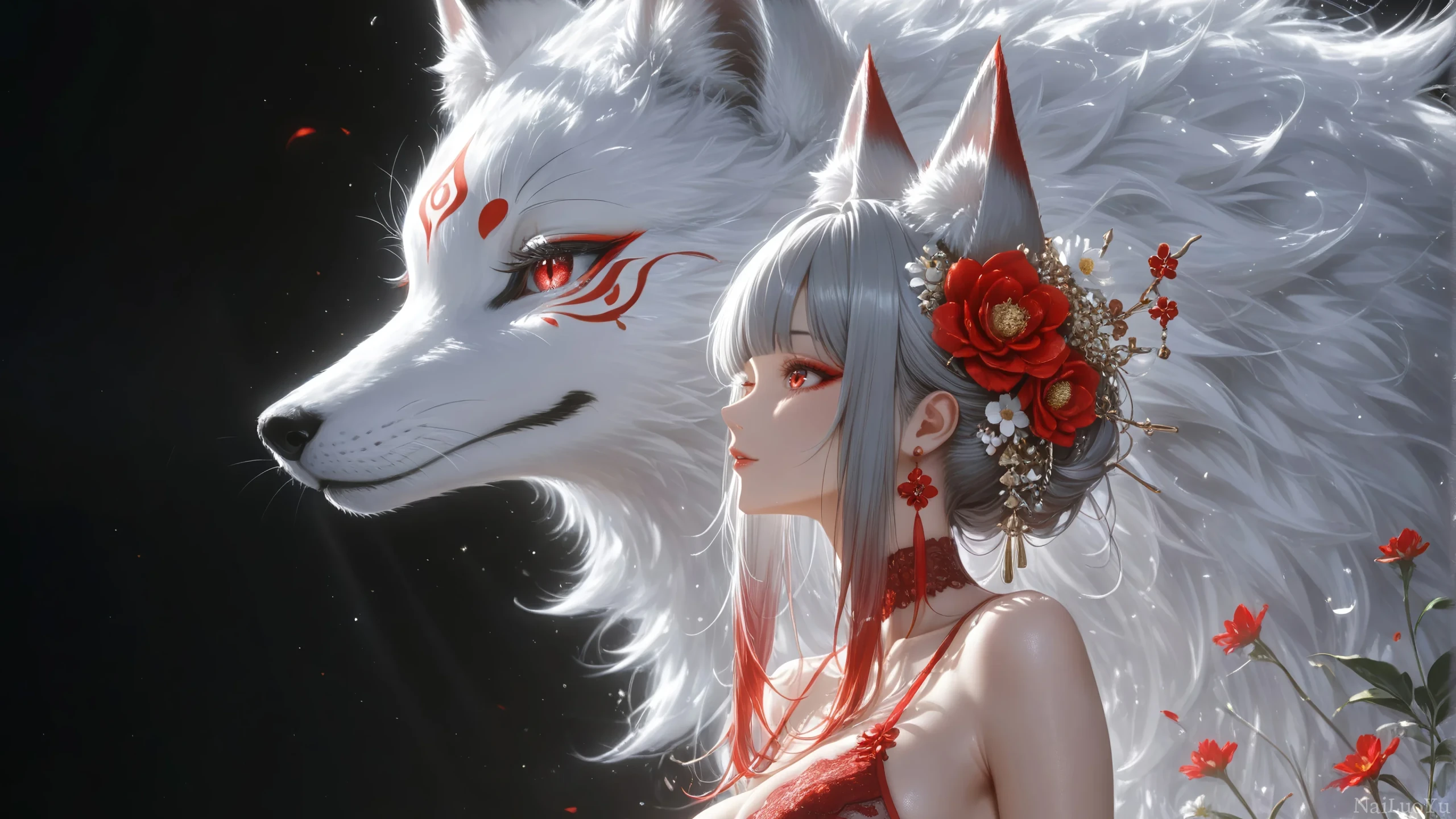 银发红眸狐耳少女与圣洁白狐唯美插画