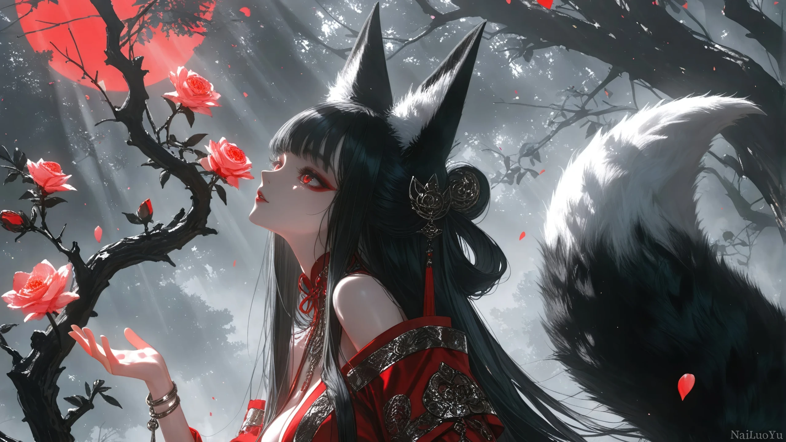 红月幽林黑狐少女轻嗅玫瑰古风插画