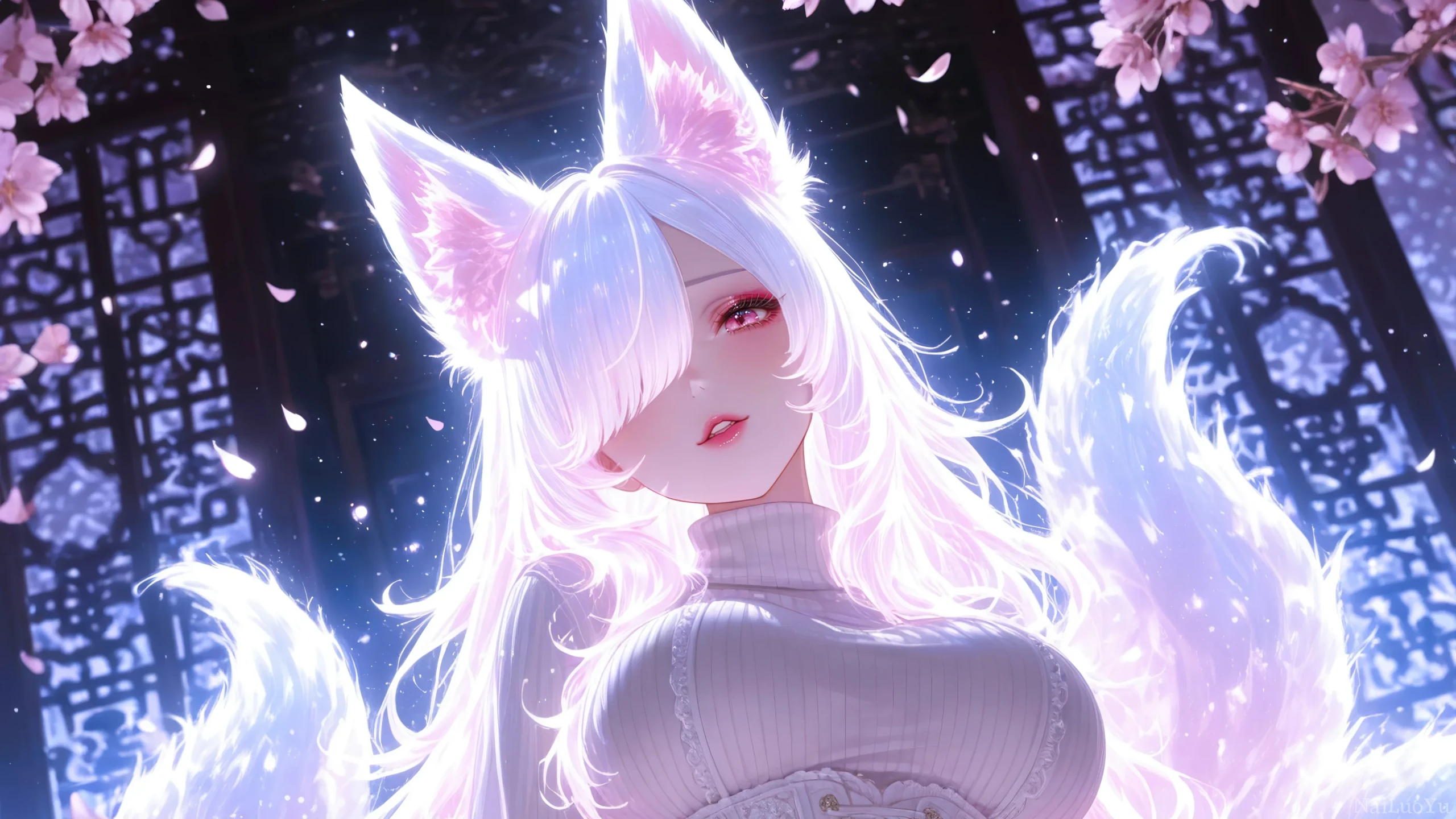 梦幻落樱古窗旁柔媚银发九尾狐少女
