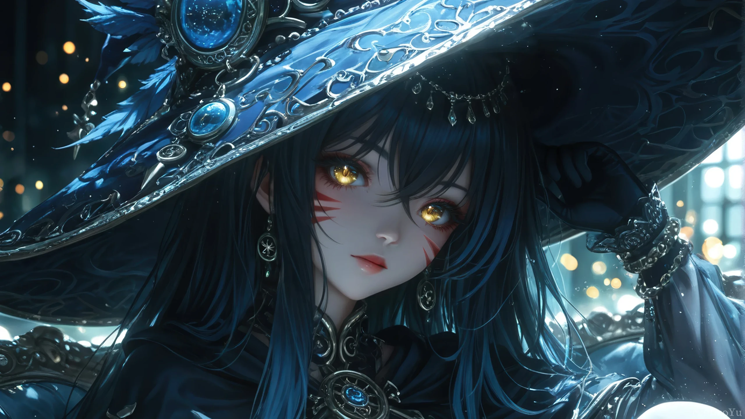 佩戴华丽蓝调巫帽的金瞳神秘魔法女巫
