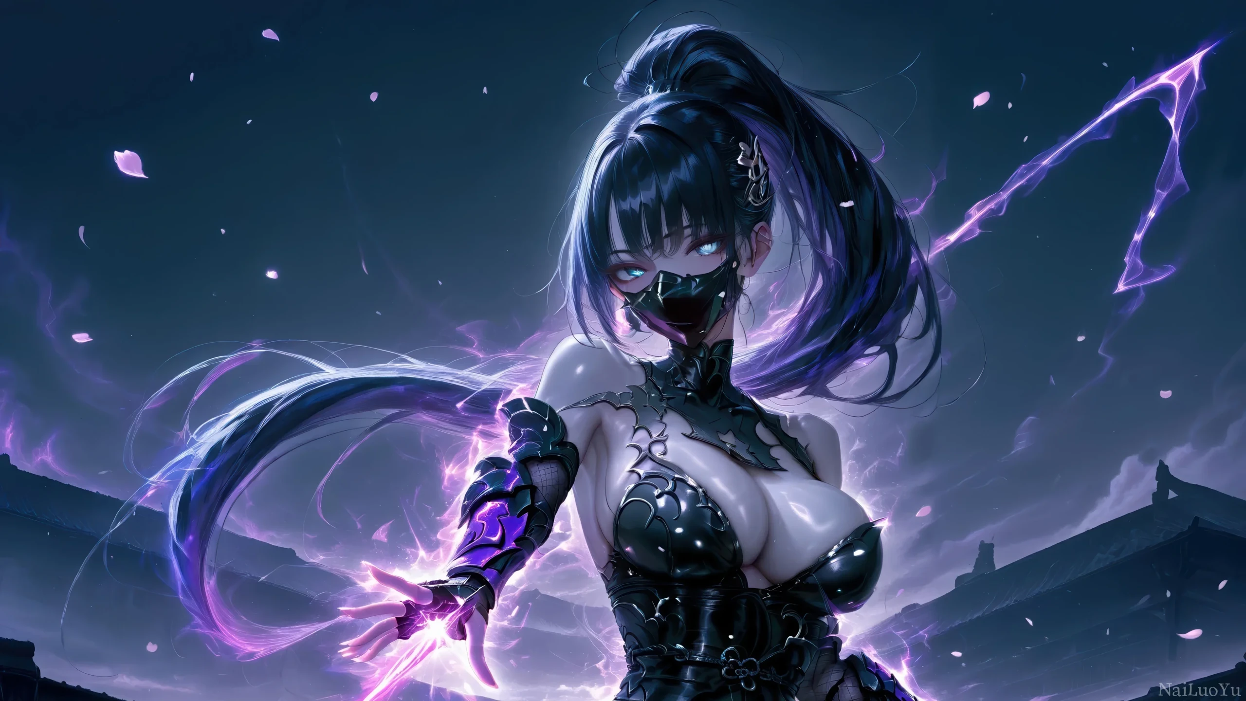 操控紫雷的高马尾暗系女忍二次元插画