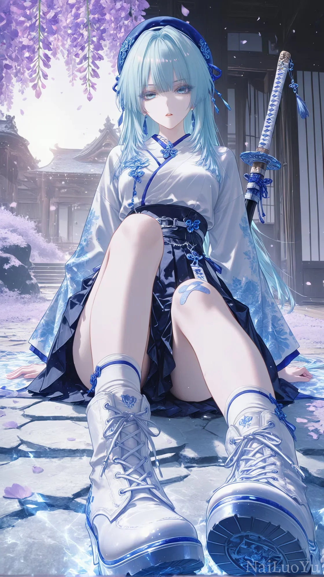紫藤花下席地而坐的蓝发佩刀美少女