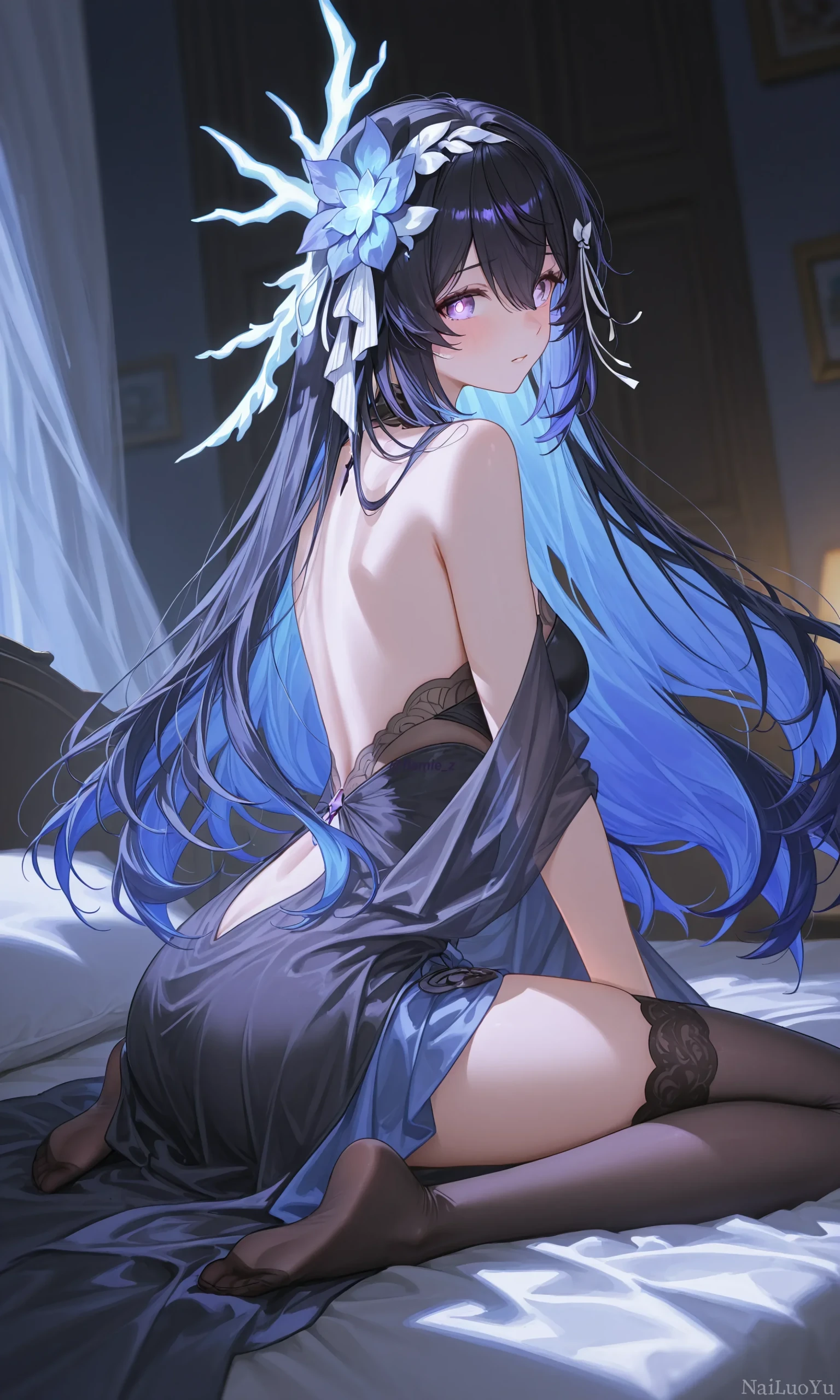 卧室床榻上回眸的蓝发冰系二次元少女