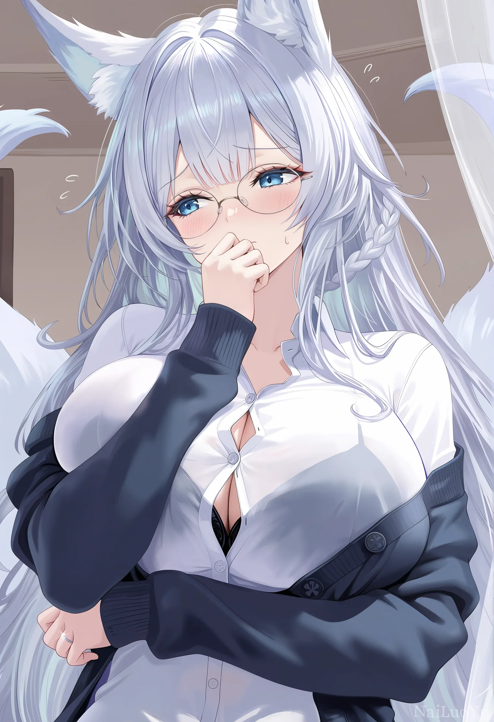 羞涩银发狐耳眼镜少女二次元精美插画