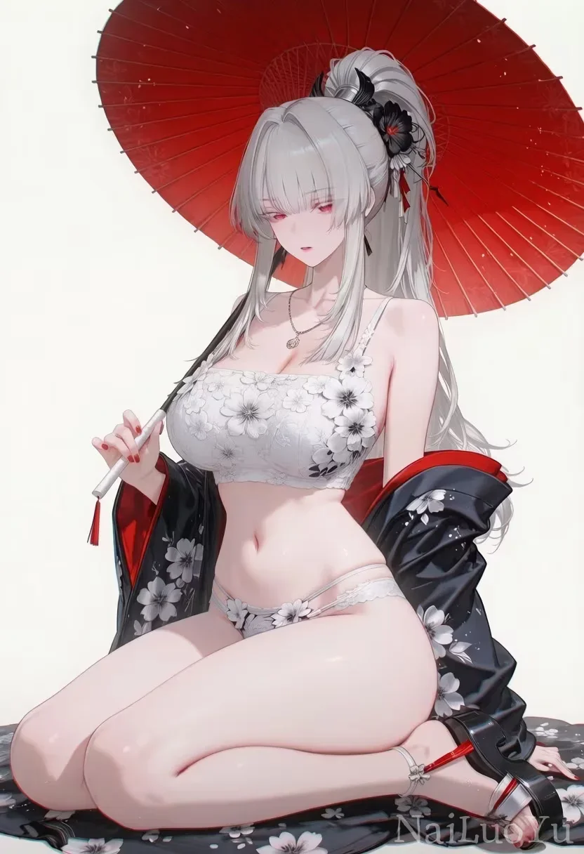 持红油纸伞的银发和风二次元美少女插画