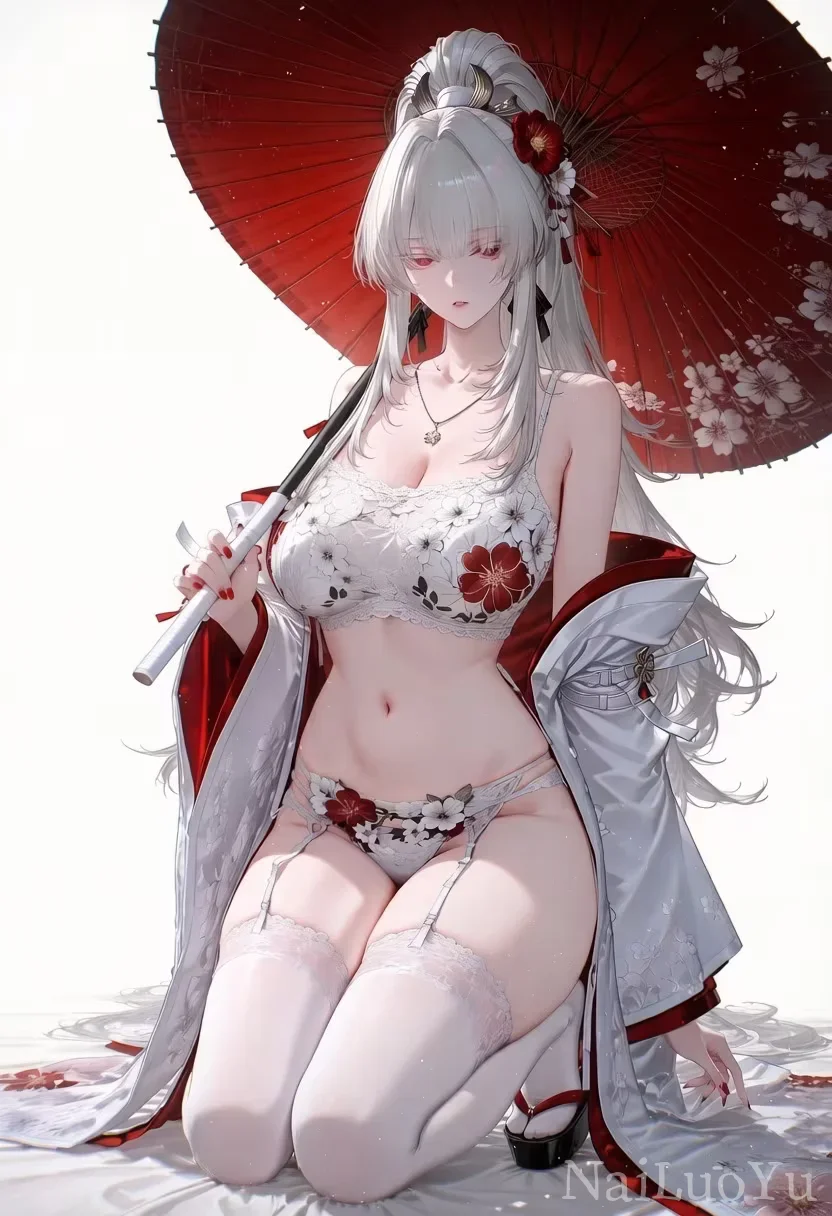 撑樱花红伞的银发和风美少女二次元插画