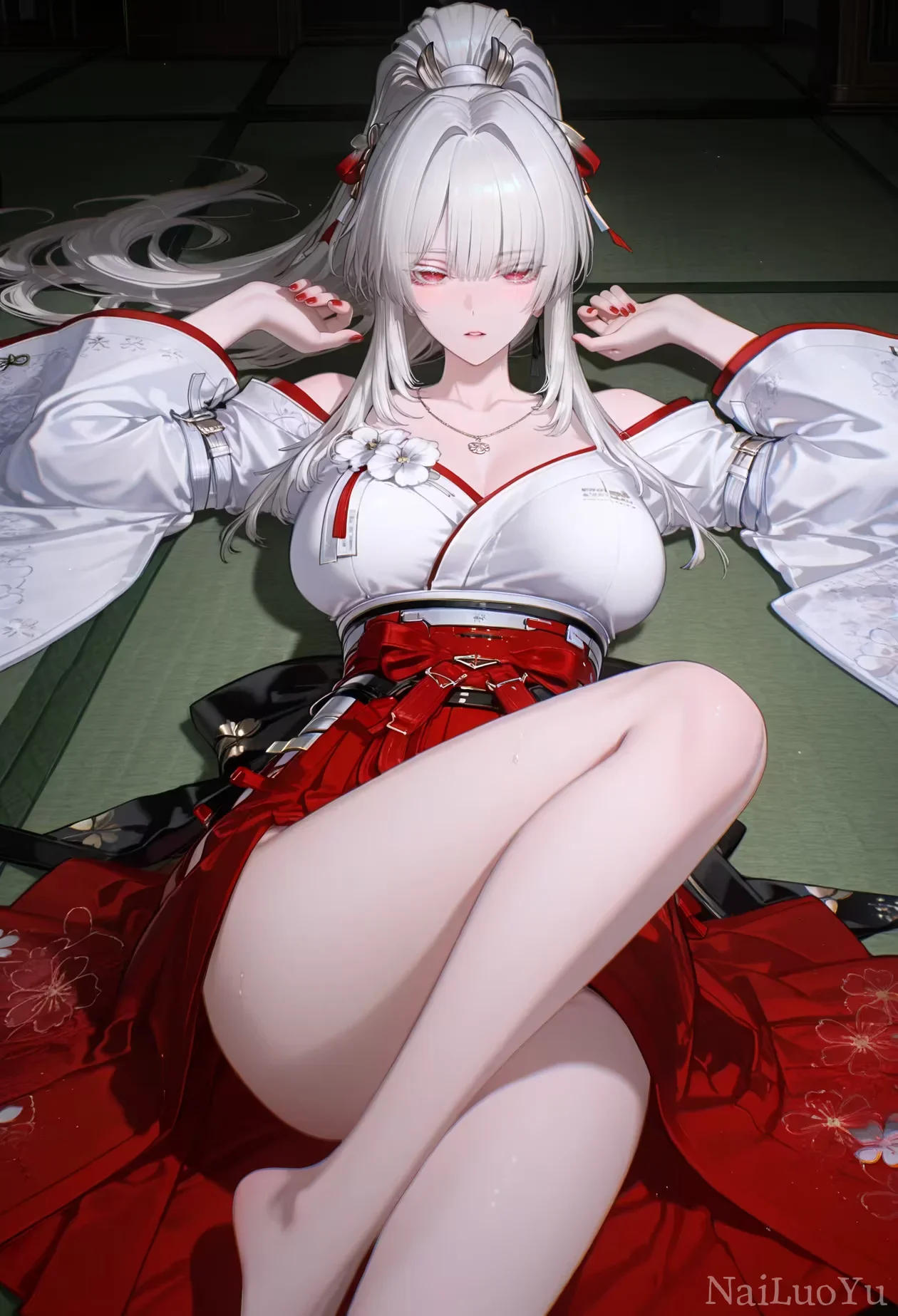 银发赤瞳和服少女躺卧榻榻米唯美插画