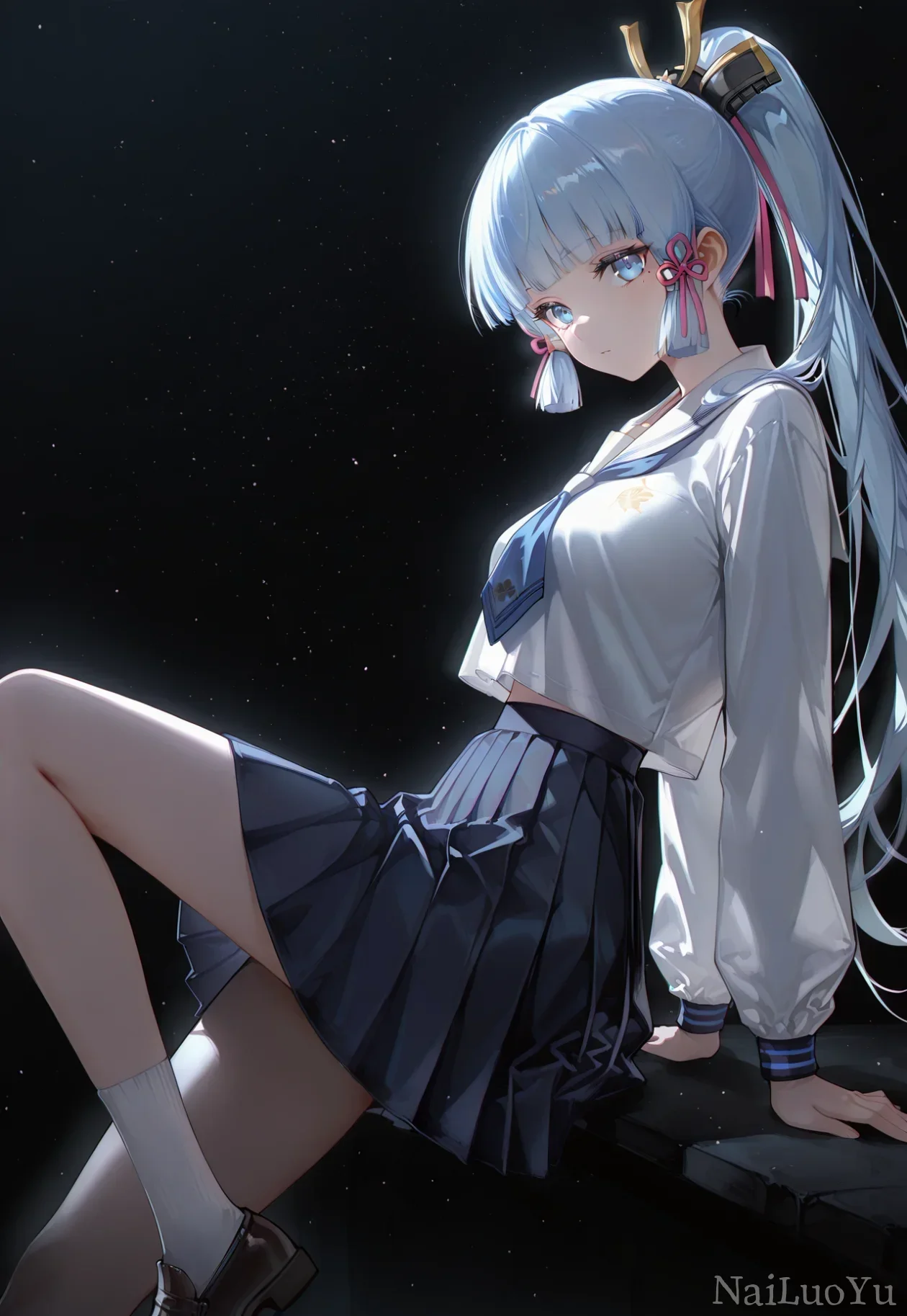 星空背景JK制服神里绫华同人插画