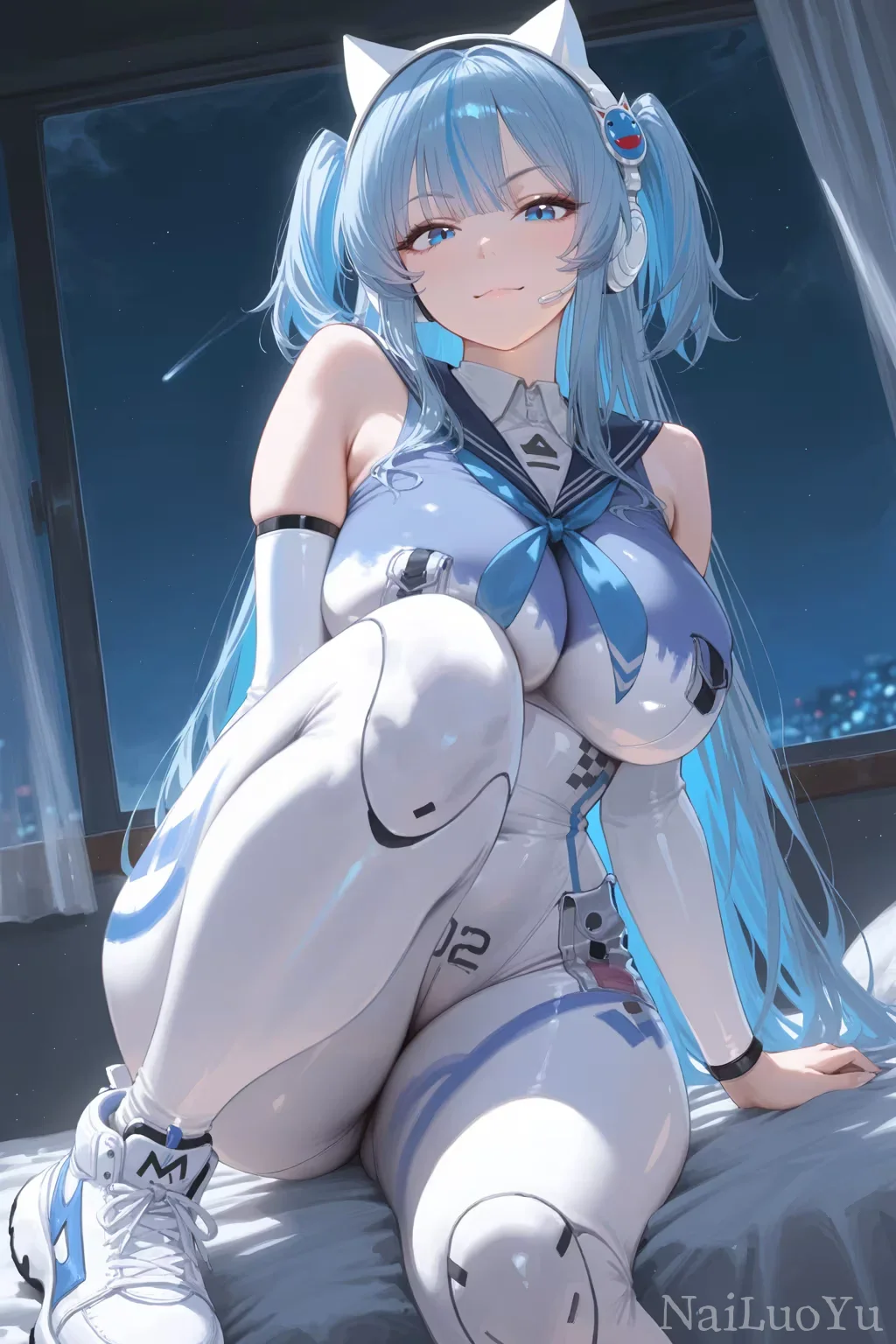 蓝发猫耳科技风双马尾二次元少女插画