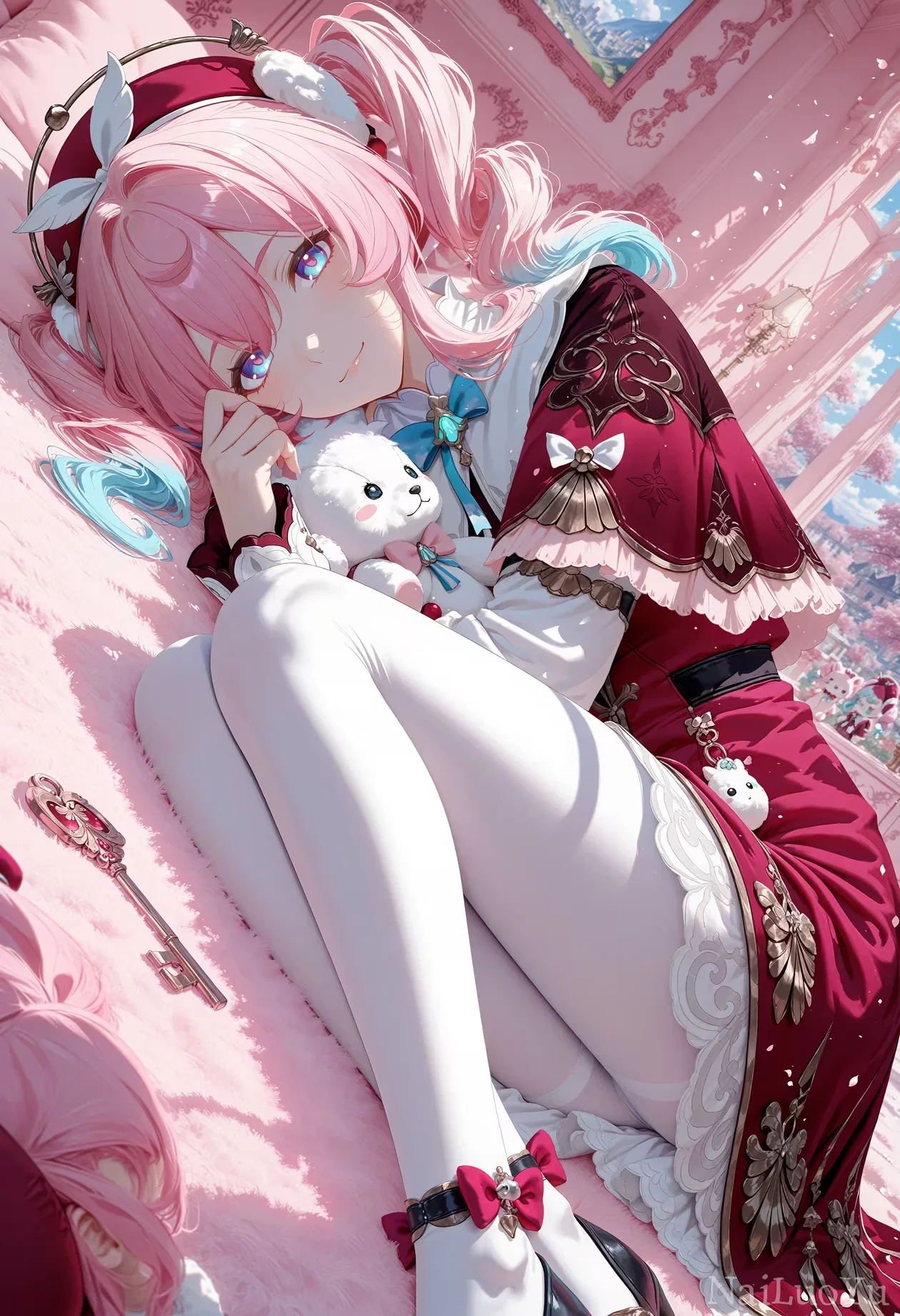 甜美软萌粉发双马尾少女抱熊卧闺房