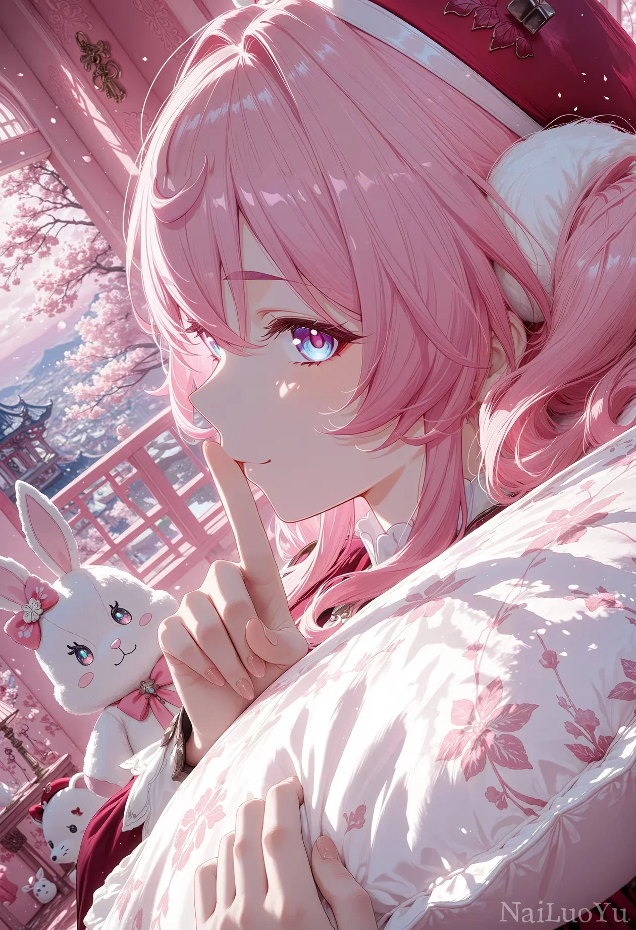粉发少女窗边抱枕比嘘 软萌樱花氛围插画