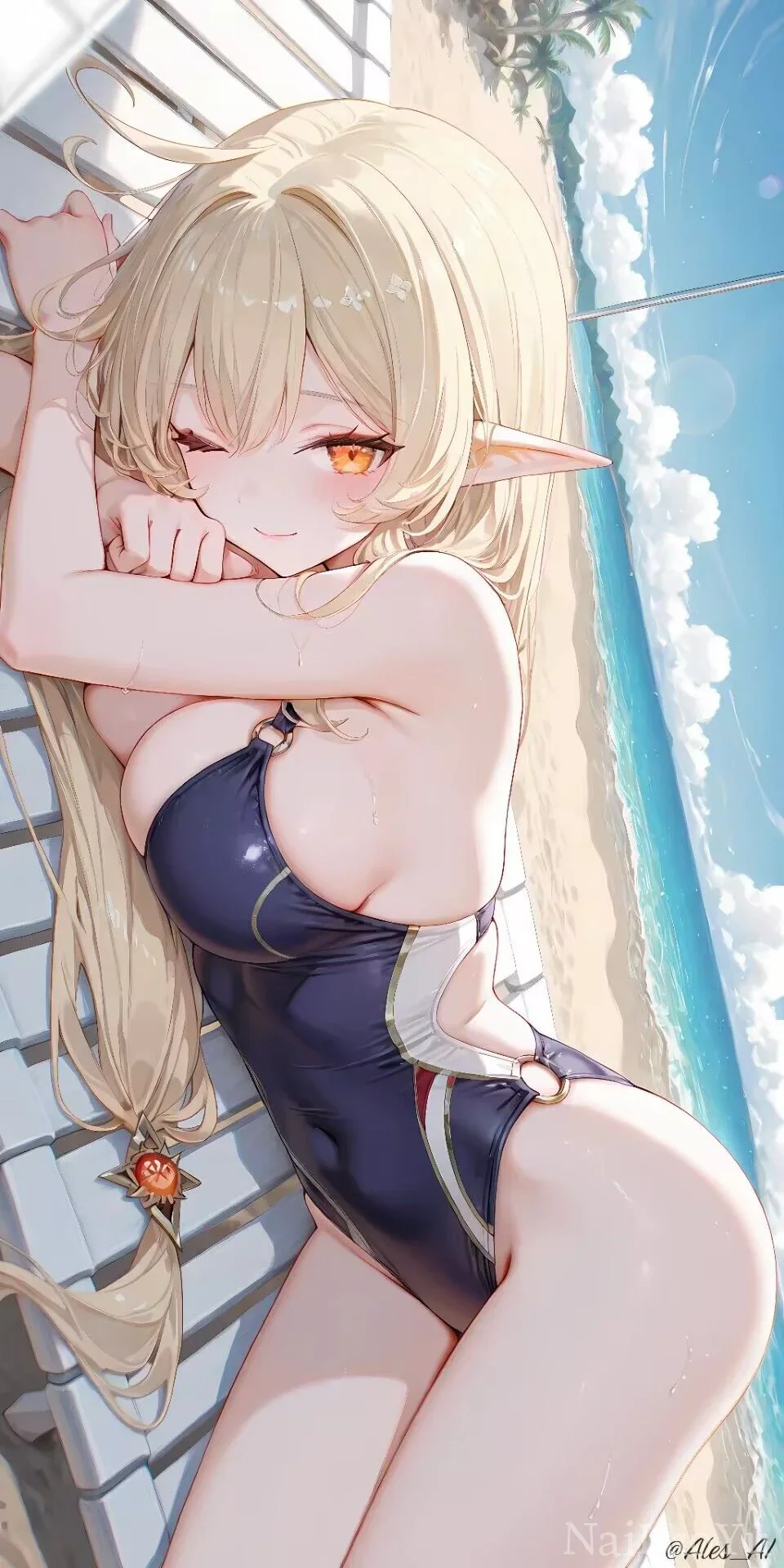 夏日海边躺椅上的金发精灵少女插画