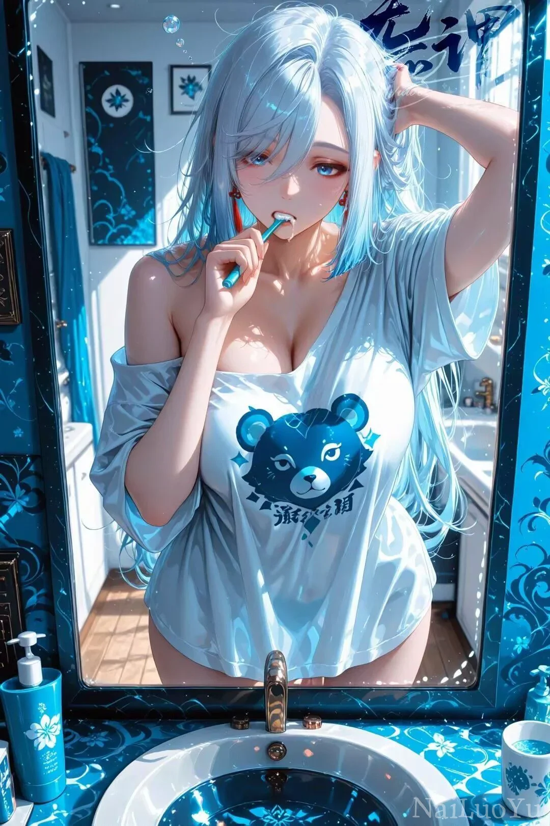 居家浴室镜前刷牙的蓝发二次元美少女