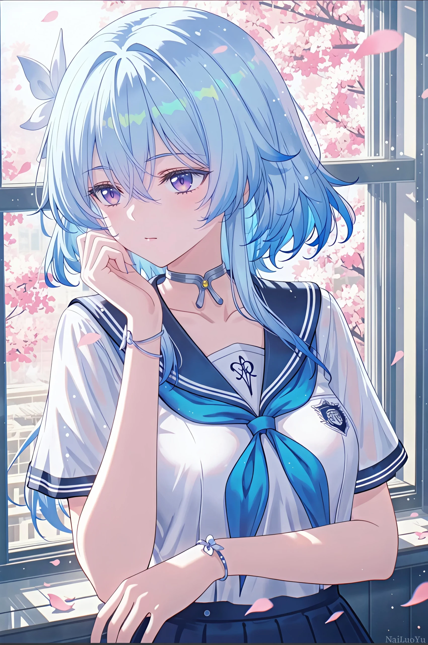 春日窗边蓝发JK少女 樱花飘落唯美插画