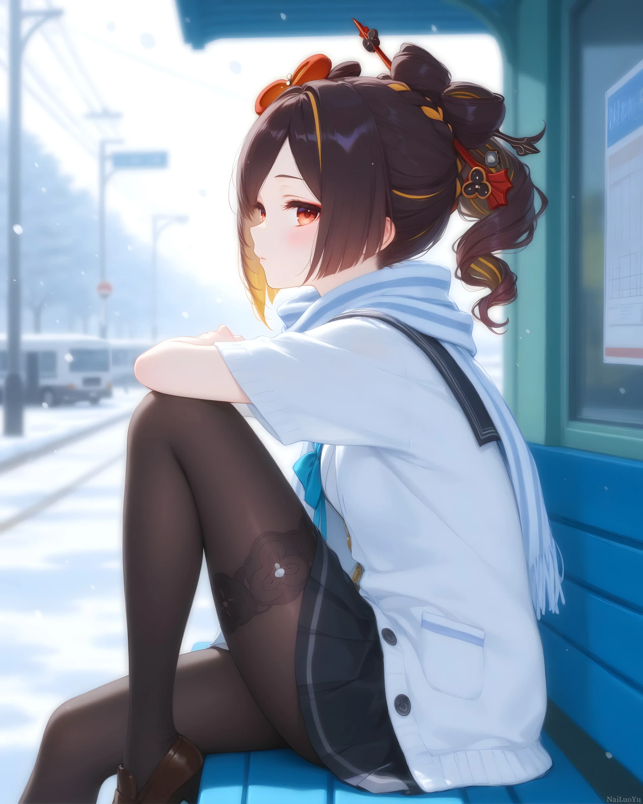 冬日雪天站台等候的千织二次元同人插画