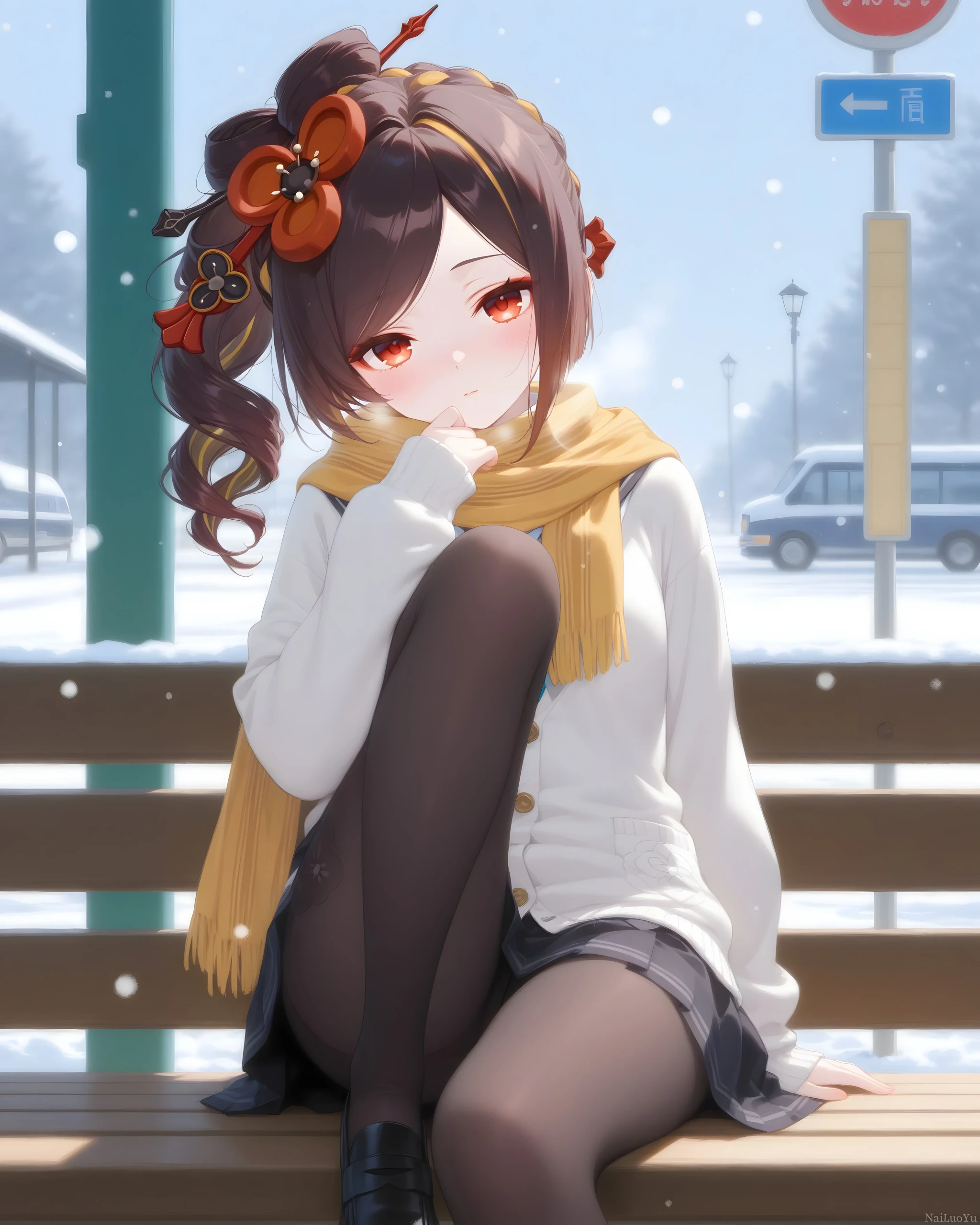 飘雪冬日车站静坐的软萌二次元少女千织