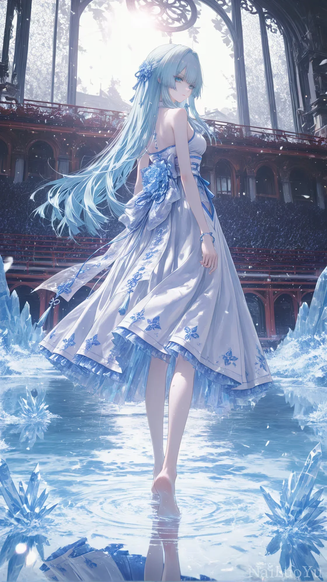恢弘寒殿冰面上回眸的蓝发清冷少女