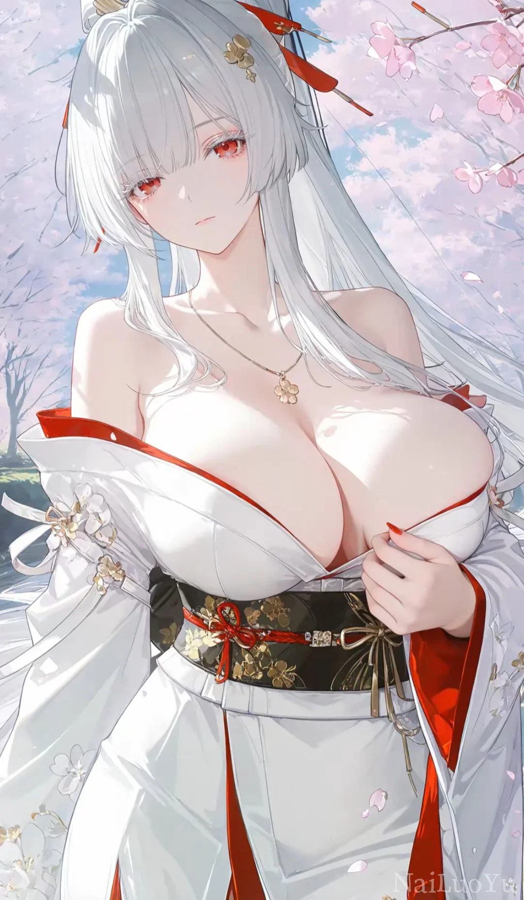 樱花下穿白无垢的银发赤瞳美少女