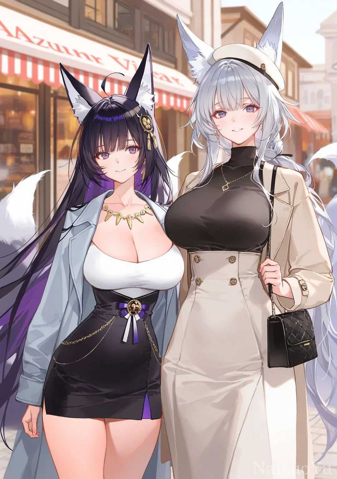 都市街头结伴逛街的狐耳美少女二人组